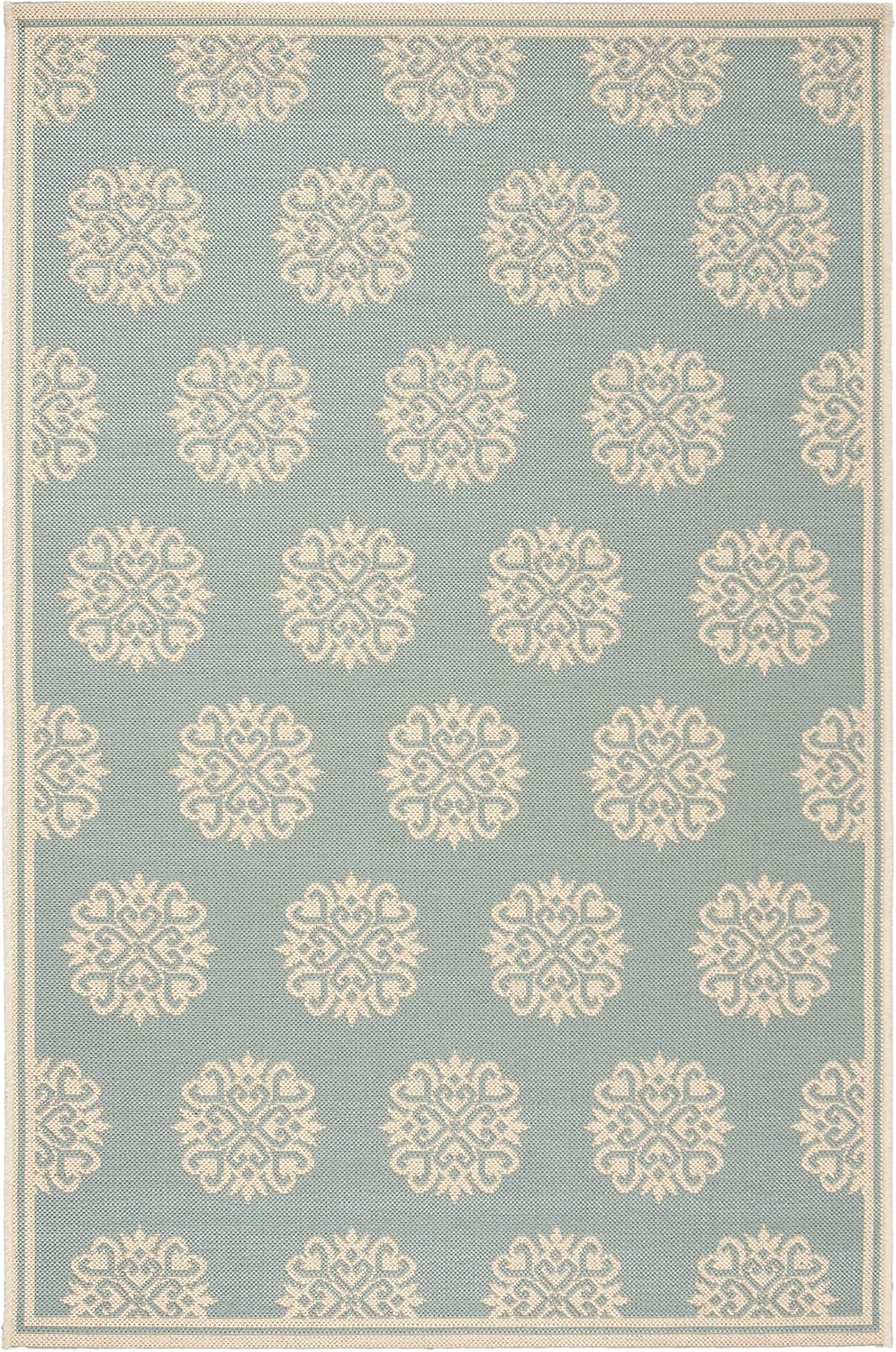 SAFAVIEH Linden Collection 4' x 6' Aqua / Cream LND181K Geometric Indoor/ Outdoor Non-Shedding Easy-Cleaning Patio Backyard Porch Deck Mudroom Accent-Rug