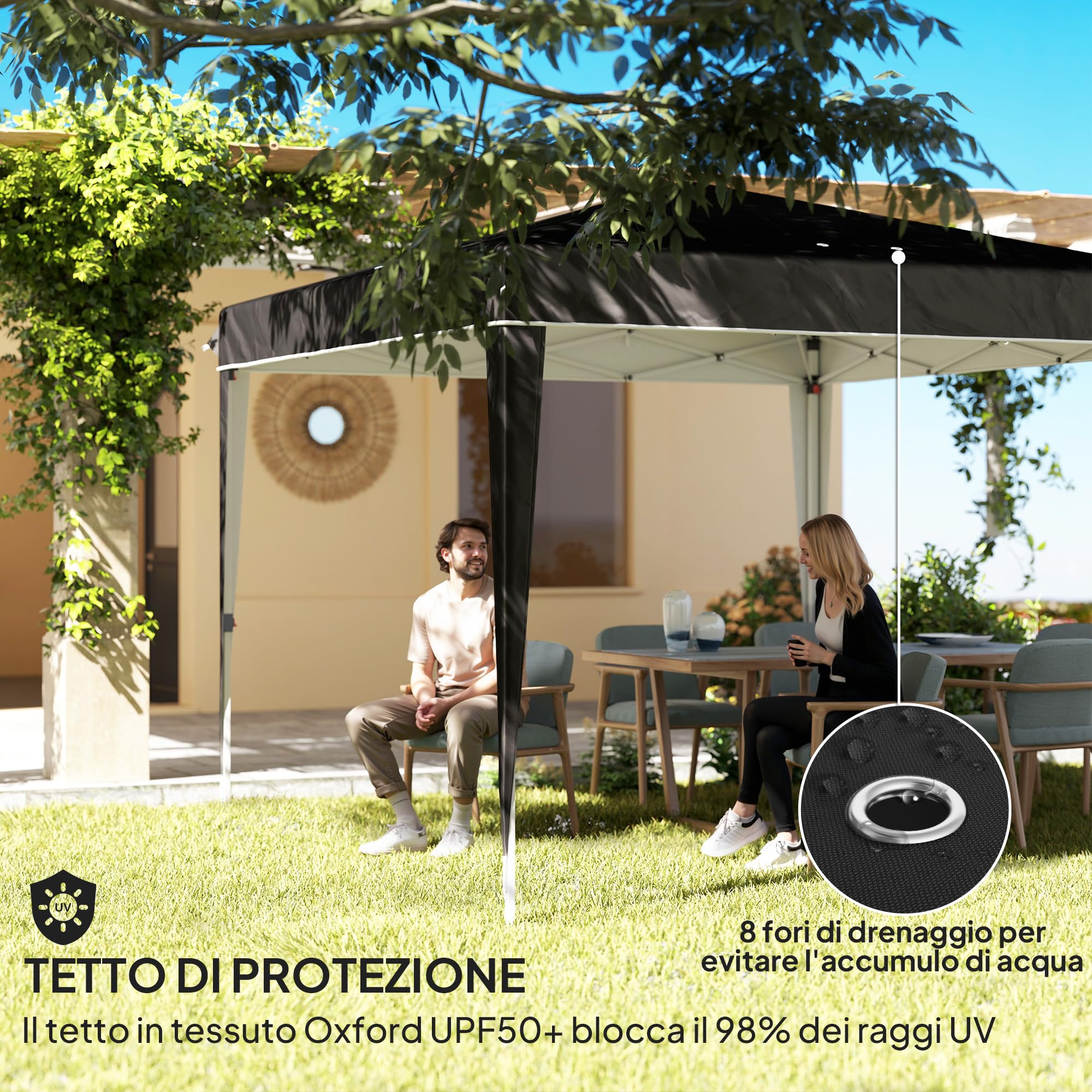 Outsunny Gazebo 3x3 m Pieghevole Pop Up Regolabile da Esterno Nero | Fori di Drenaggio, Metallo e Tessuto Oxford, Sacca di Trasporto, UV50+, per Giardino Feste Campeggio