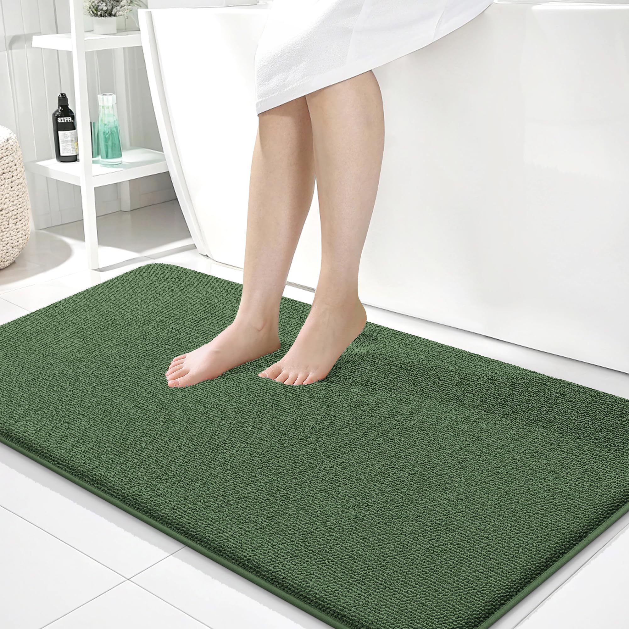 OLANLY Memory Foam Bathroom Runner Rugs 44x24, Long Bath Mats, Olive Green