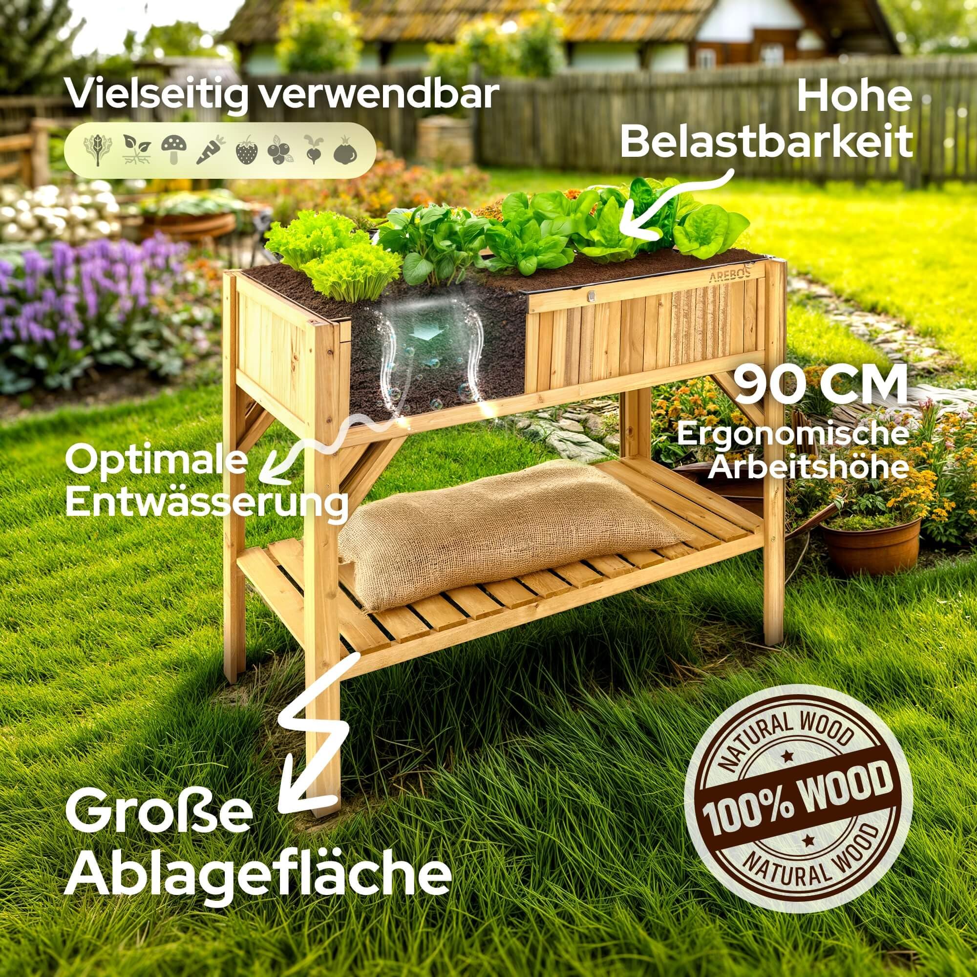Arebos Hochbeet aus Holz mit Ablagefach | für Garten, Balkon und Terrasse | Innenleben mit Schutzvlies ausgestattet | 119 x 53 x 90 cm | Pflanzkasten & Blumenkasten | Pflanzbeet, Frühbeet