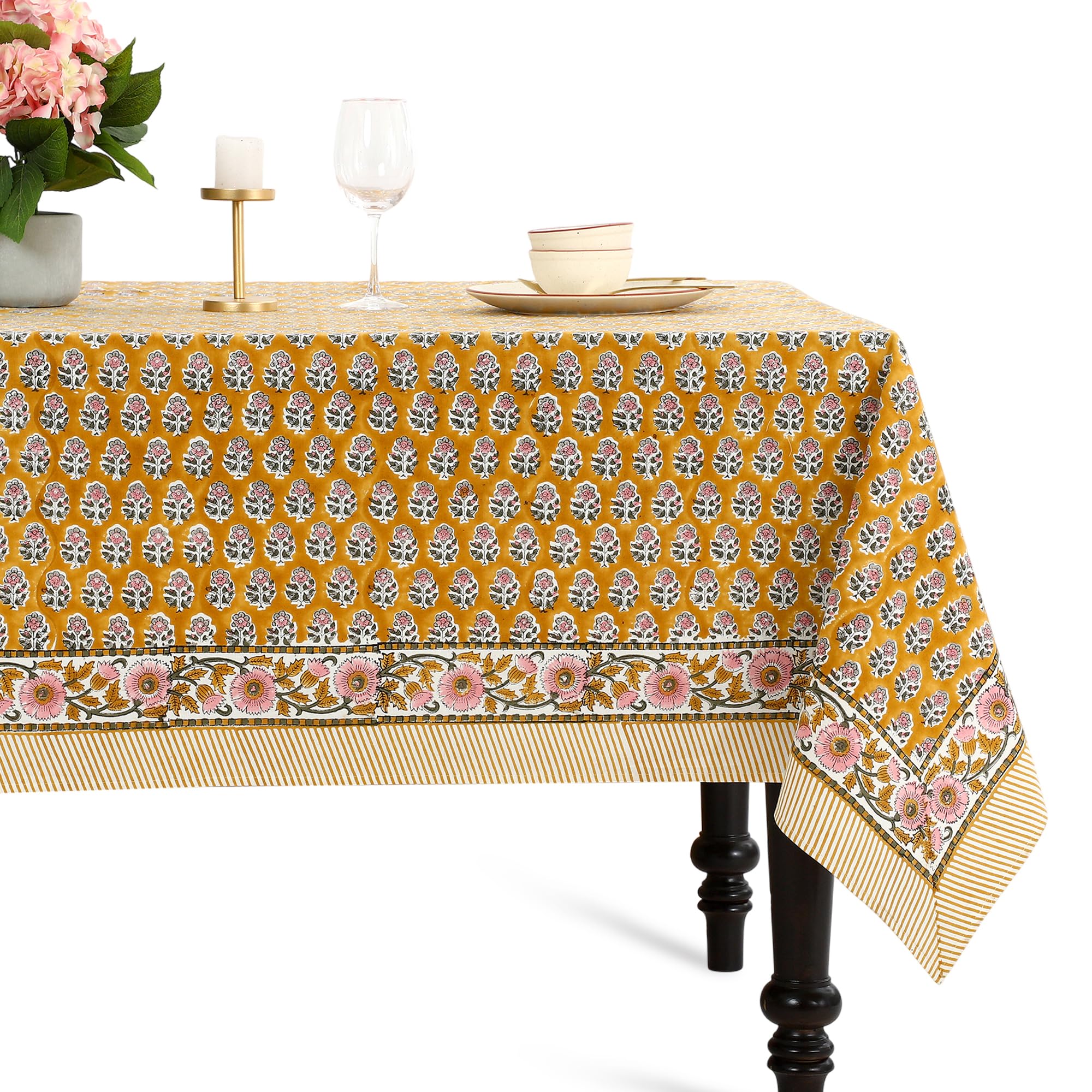 CPC Yellow Citrine Block Print Cotton Rectangle Tablecloth 60x108 Inch