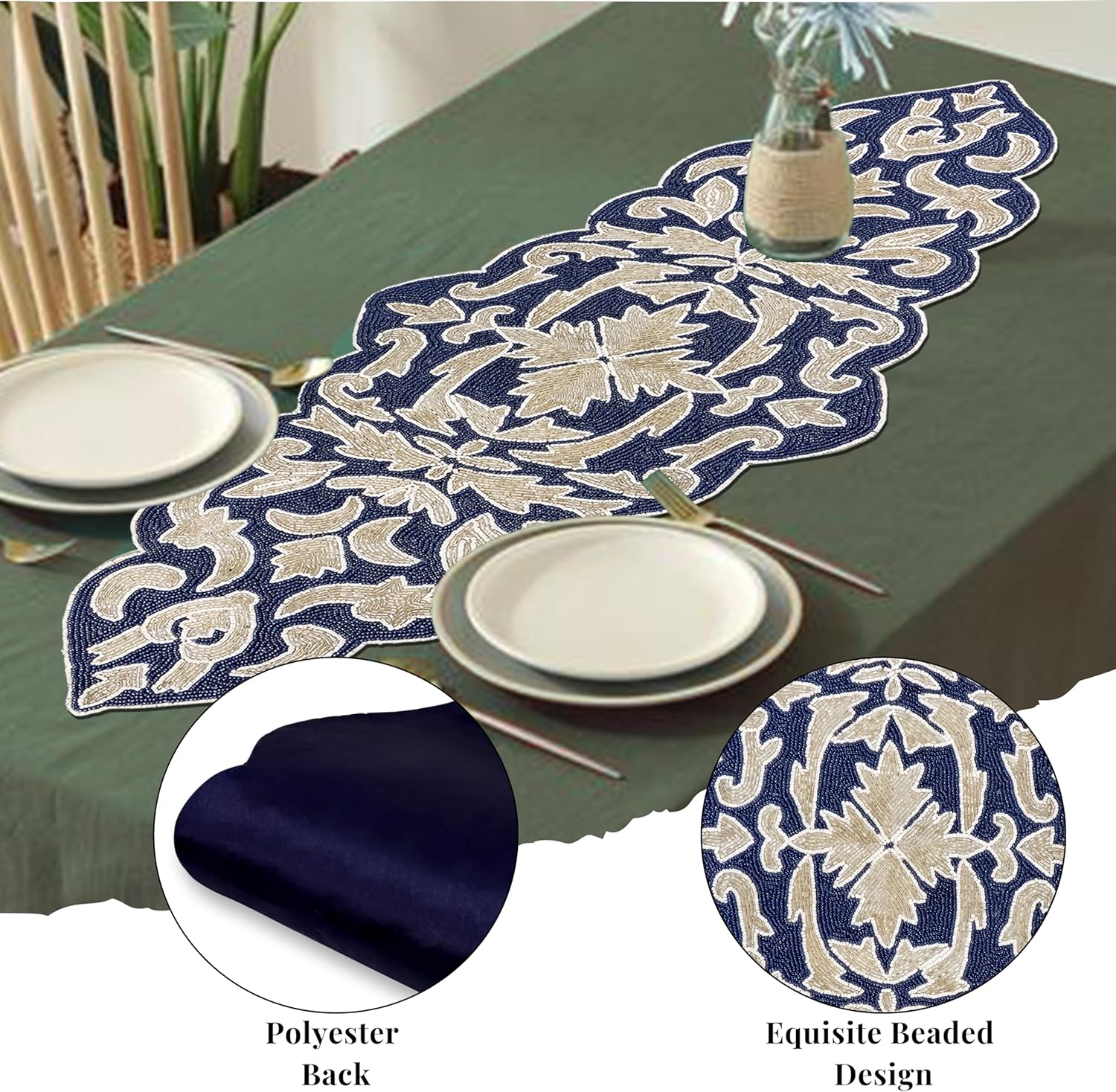 CLEENTABLE Decorative Beaded Table Runner – Glass Beads & Polyester Luxury Table Runner for Dining Table, Wedding & Holiday Centerpiece Décor, 36 Inches Length x 13 Inches Width (Blue & Silver)