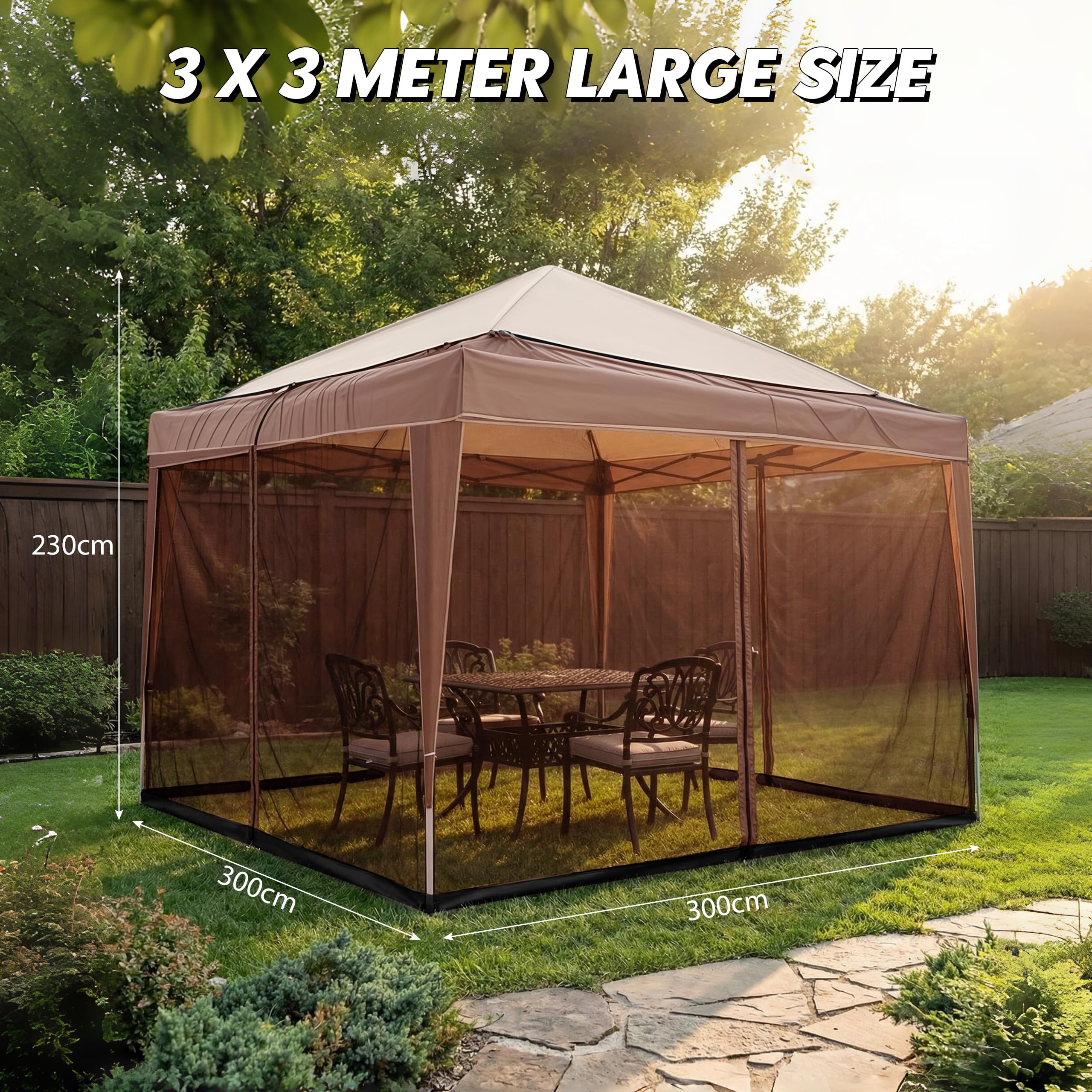 Zanzariera per gazebo 3 x 3 m, zanzariera regolabile | 2 porte con chiusura lampo per zanzariera, con supporto riempito d'acqua, per giardino, patio, cortile, campeggio