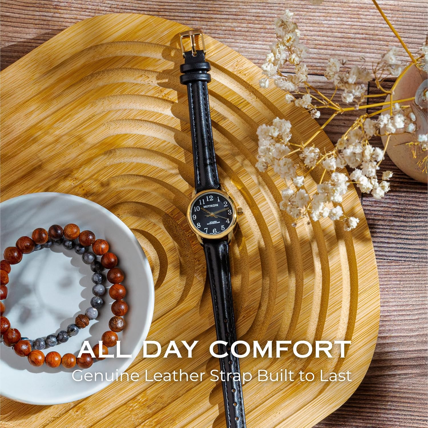 Miykon Dainty Minimalist Dress Watches for Women – Small Easy Reader Analog Watch with Genuine Leather Strap and Second Hand – Japanese Quartz, Waterproof to 100ft