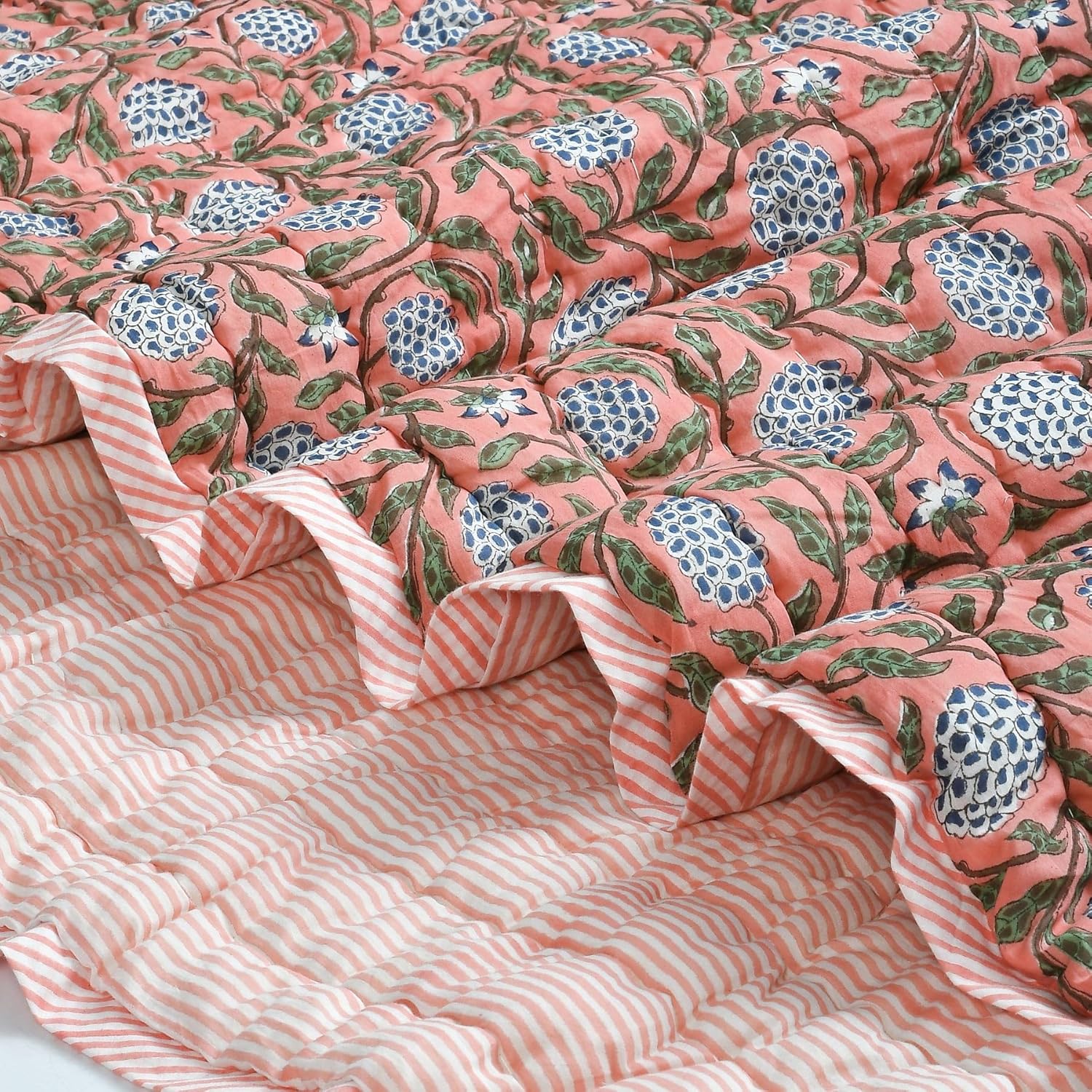 Ridhi Cotton Reversible Quilt Hand Block Printed King 96 X 106 Dark Salmon Pink Soft Lightweight Blanket for Sofa Couch & Bed Décor Lightweight Soft Breathable Handmade
