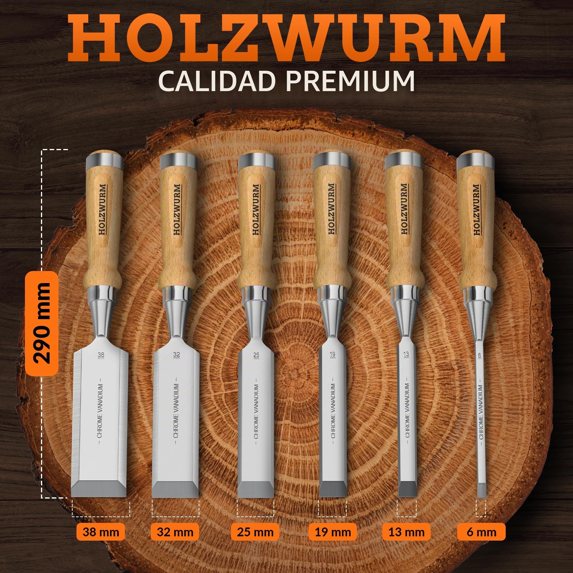 HOLZWURM Juego de cinceles profesionales para madera, juego de cinceles de 6 piezas con piedra de afilar, instrucciones (EN) de afilado y estuche de madera