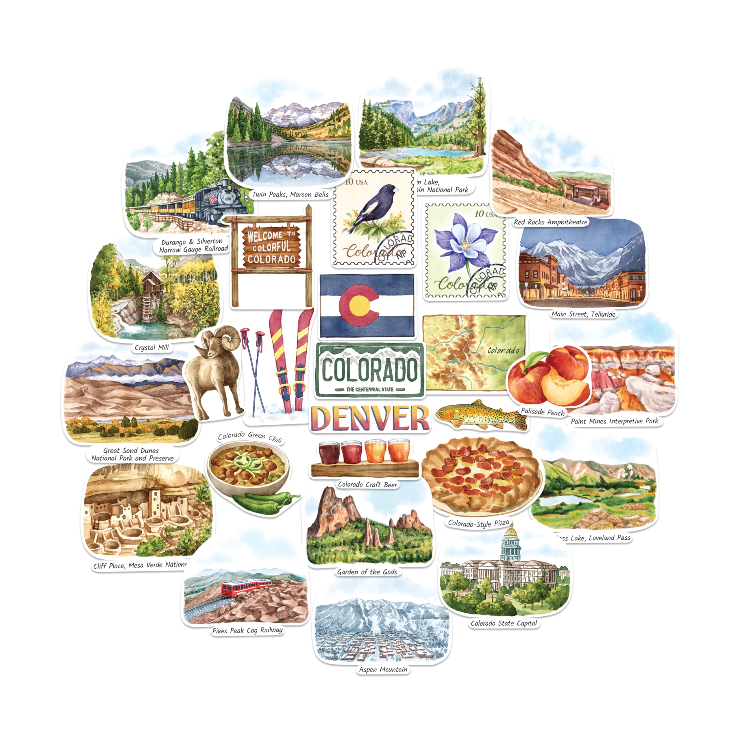 Navy Peony Multicolored Colorful Colorado State Travel Stickers (28Pcs) - Rocky Mountains, Denver, America-Themed Decals, Souvenirs For Scrapbooking, Journals