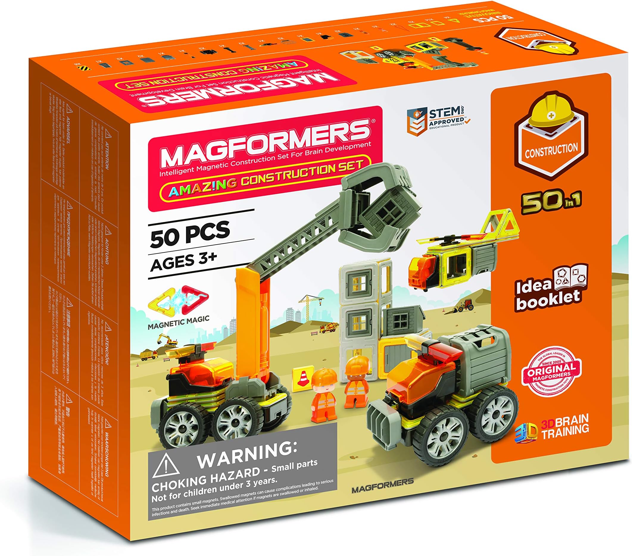 MagformersAmazing Construction 50 Piece Set - Orange Colors, Wheels, Magnetic Tiles, Educational Magnetic Geometric Shapes, Tile Building STEM Toy - Ages 3+