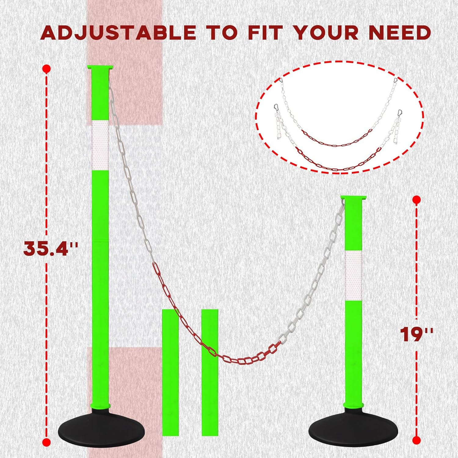 Traffic Delineator Post with Weighted Base & Reflective Collars, Adjustable Parking Cones with 4 FT Chains, Portable Green Driveway Barrier Pole for Traffic Crowd Control（Patented）