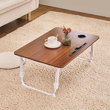 VECELO Folding Table Desk, Low Table, Mini Table, Compact, Space-Saving, Height Adjustable, 3 Levels 10.5 - 11.7 - 12.8 inches 26.7 - 29.7 - 32.7 cm, Notebook PC, Tablet Stand, With Drink Holder