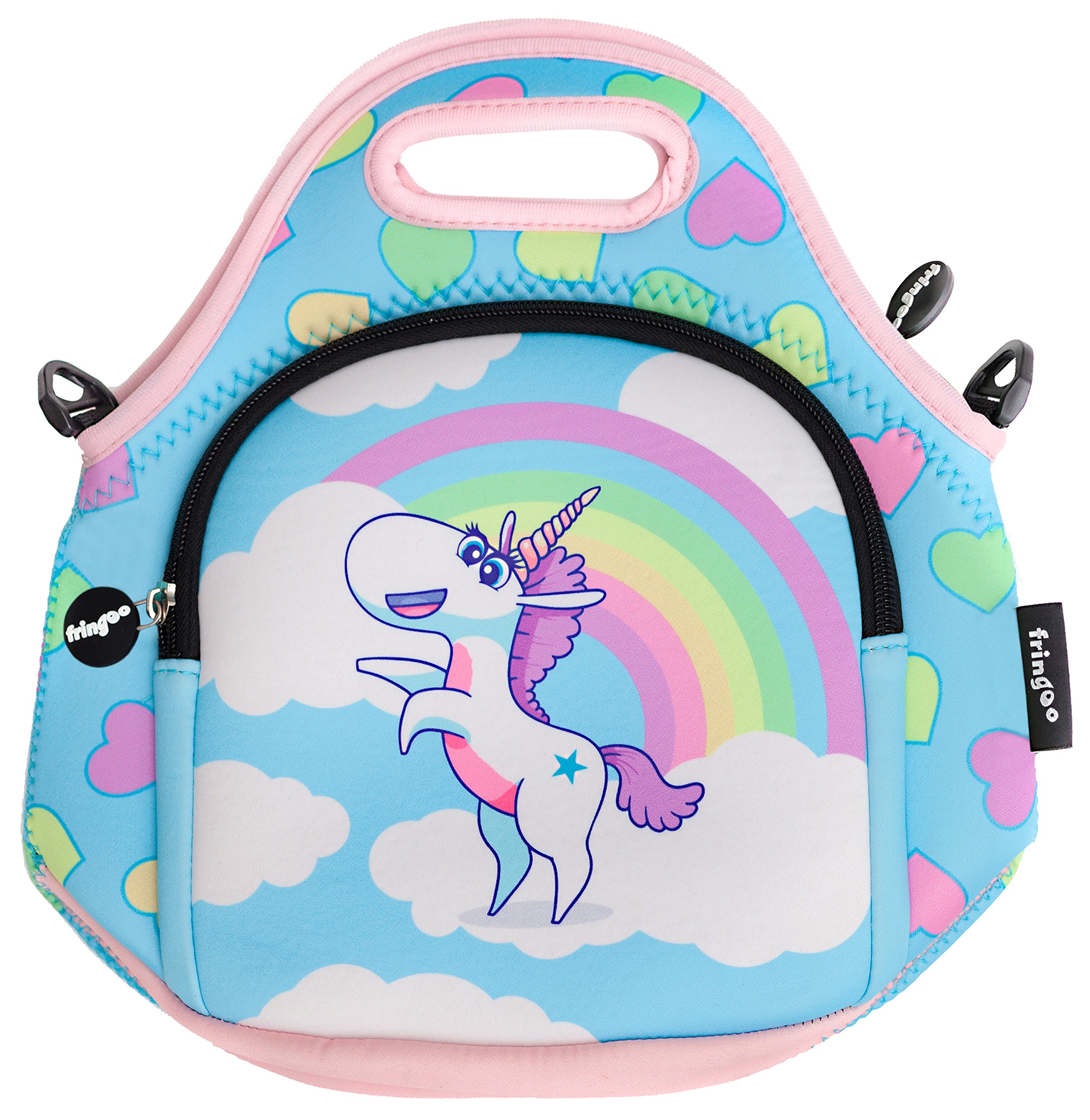 Fringoo ‎Unicorn Rainbow Clouds Fringoo® Kids Lunch Bag - Made From Neoprene Thermal Insulated Material - School Lunch Bag - Zipped Pocket Shoulder Strap (Unicorn Rainbow Clouds)