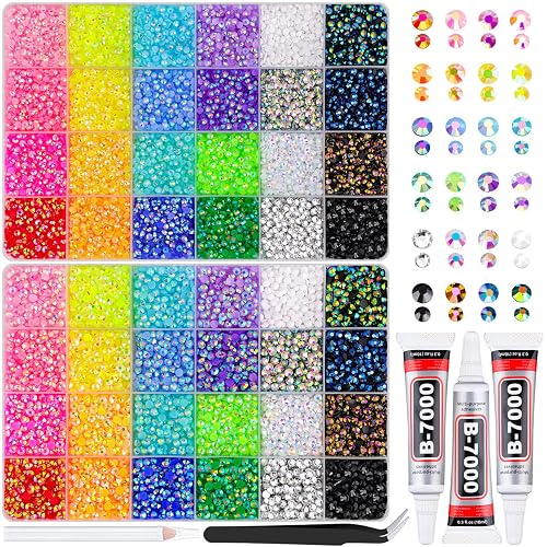 2 Boxes Resin Rhinestones with Tweezers for Crafting, 30000Pcs Mixed-Color 3mm&4mm Bedazzling Crystal with 3Pcs 10ml B7000 Jewelry Glue for DIY Crafts Clothing Tumblers Shoes Fabric Nail Art
