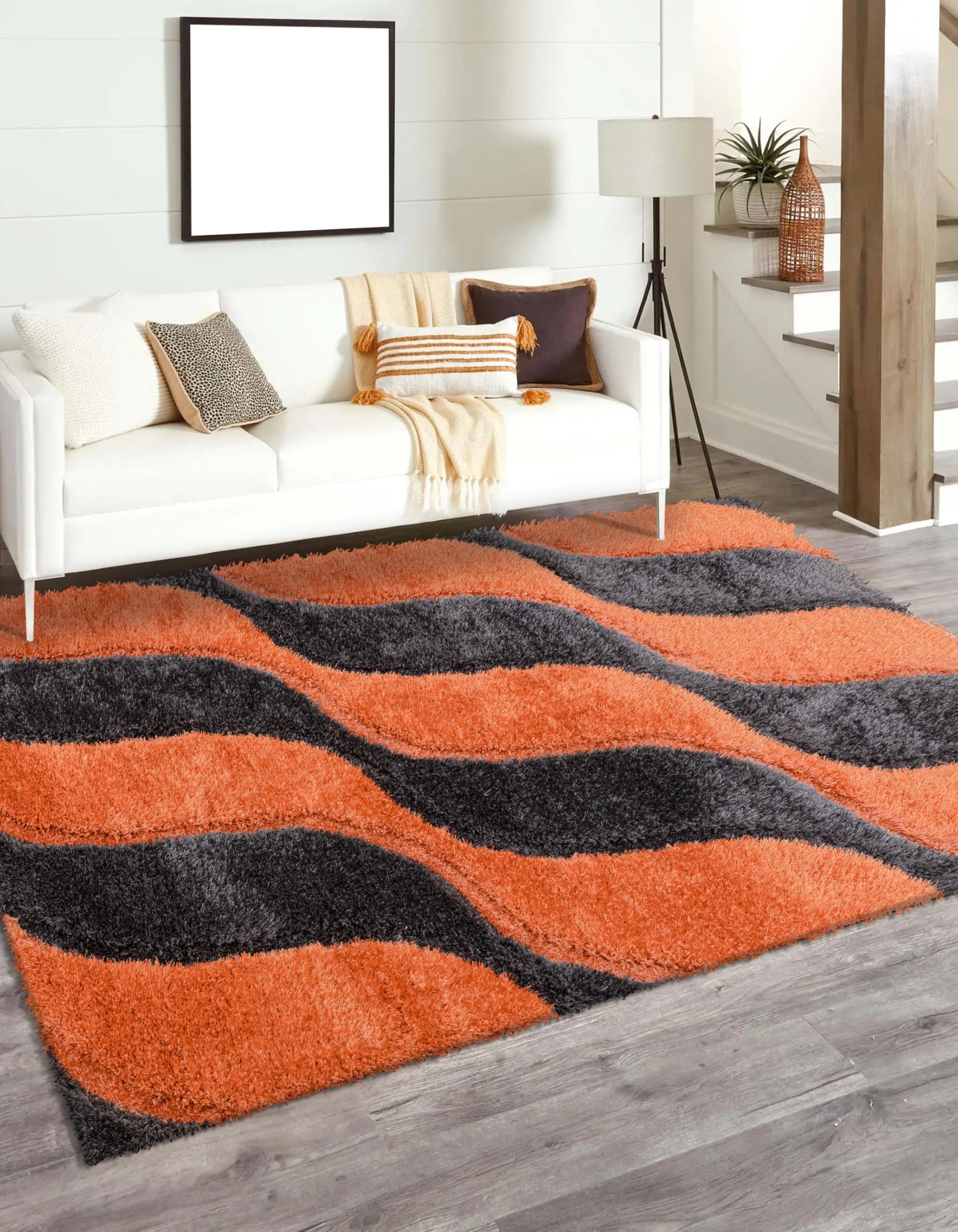 Modern Wave Pattern Rug Geometric Swirl Carpet High Pile, Soft 3D Shaggy Area Rug for Living Room, Bedroom & Lounge Non-Shedding Easy Care (Orange, 160 cm × 230 cm = 5.25 ft × 7.55 ft)