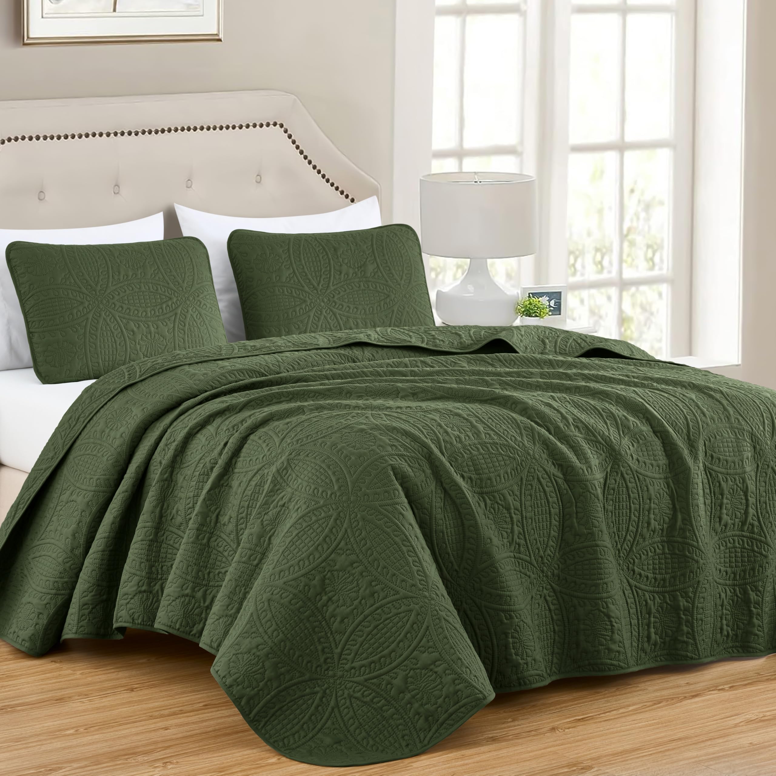 Chezmoi Collection Austin Queen Oversized Bedspread Set, 3-Piece Pinsonic Quilted Lightweight Microfiber Bedspread Coverlet, Olive Green