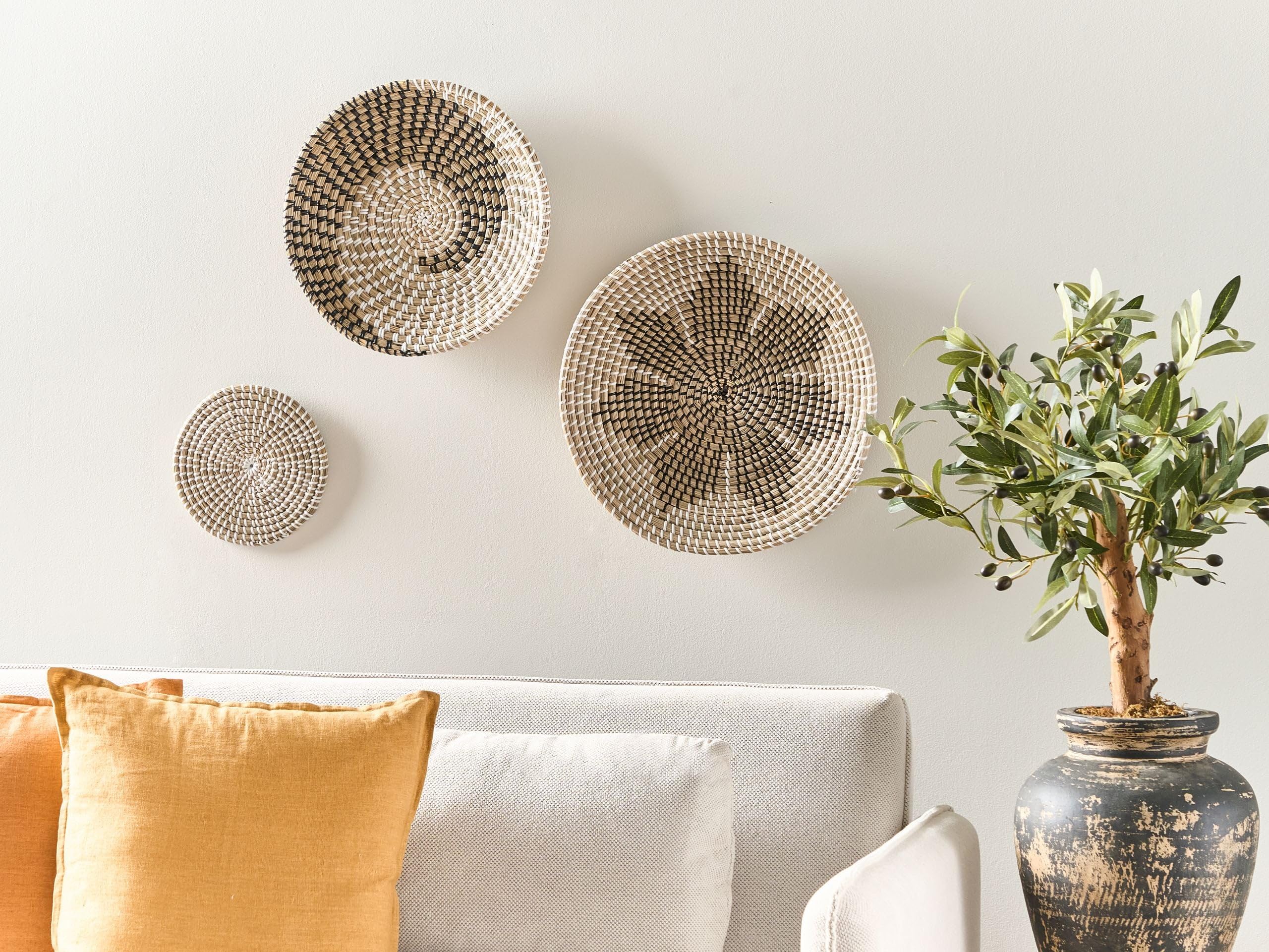 Beliani Wanddeko Seegras natürlich/beige geflochten Wandkörbe 3er Set Kreise Boho Cantho