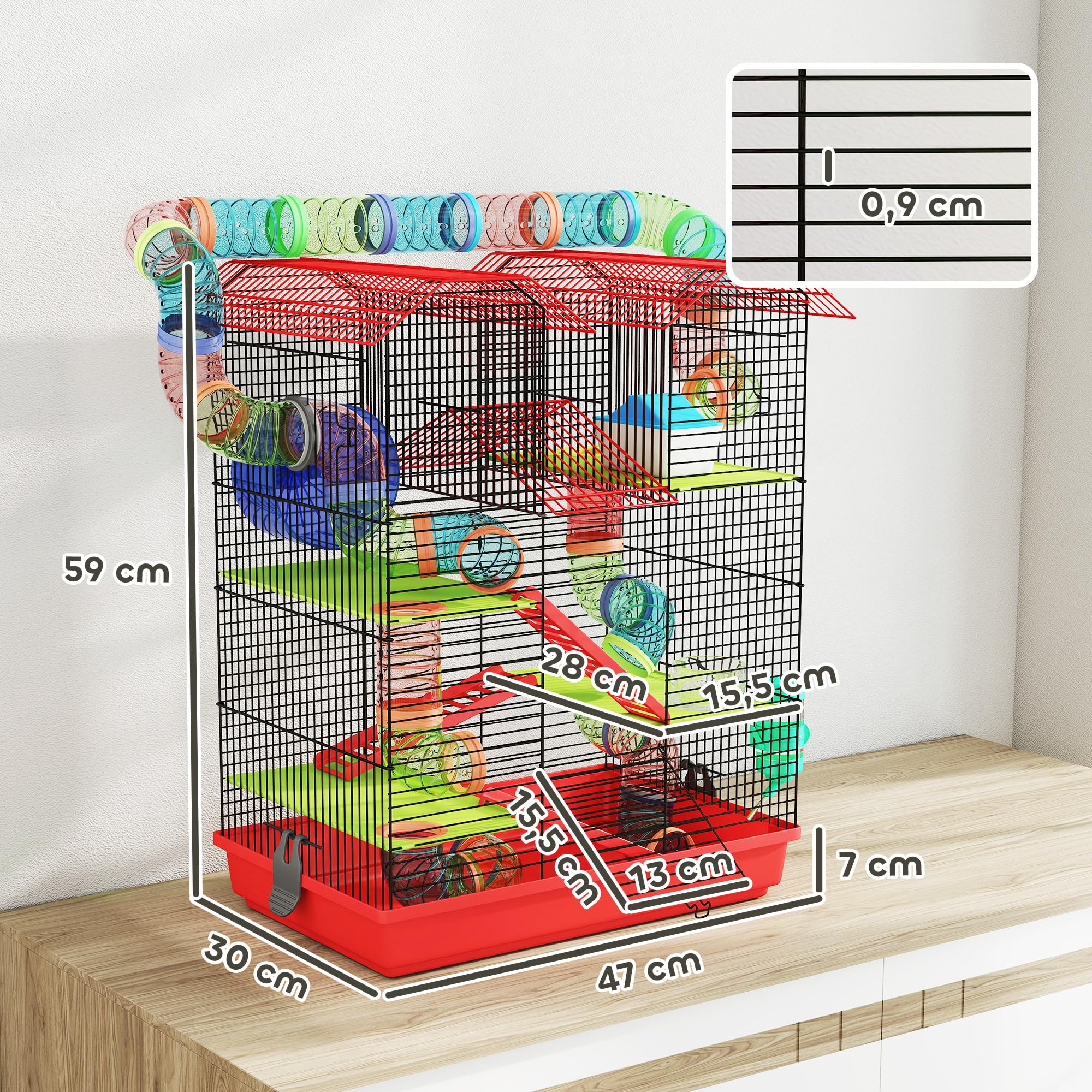 PawHut Gabbia per criceto topo piccolo animali roditore con tunnel mangiatoia ruota giocattolo 47 x 30 x 59 cm, rosso