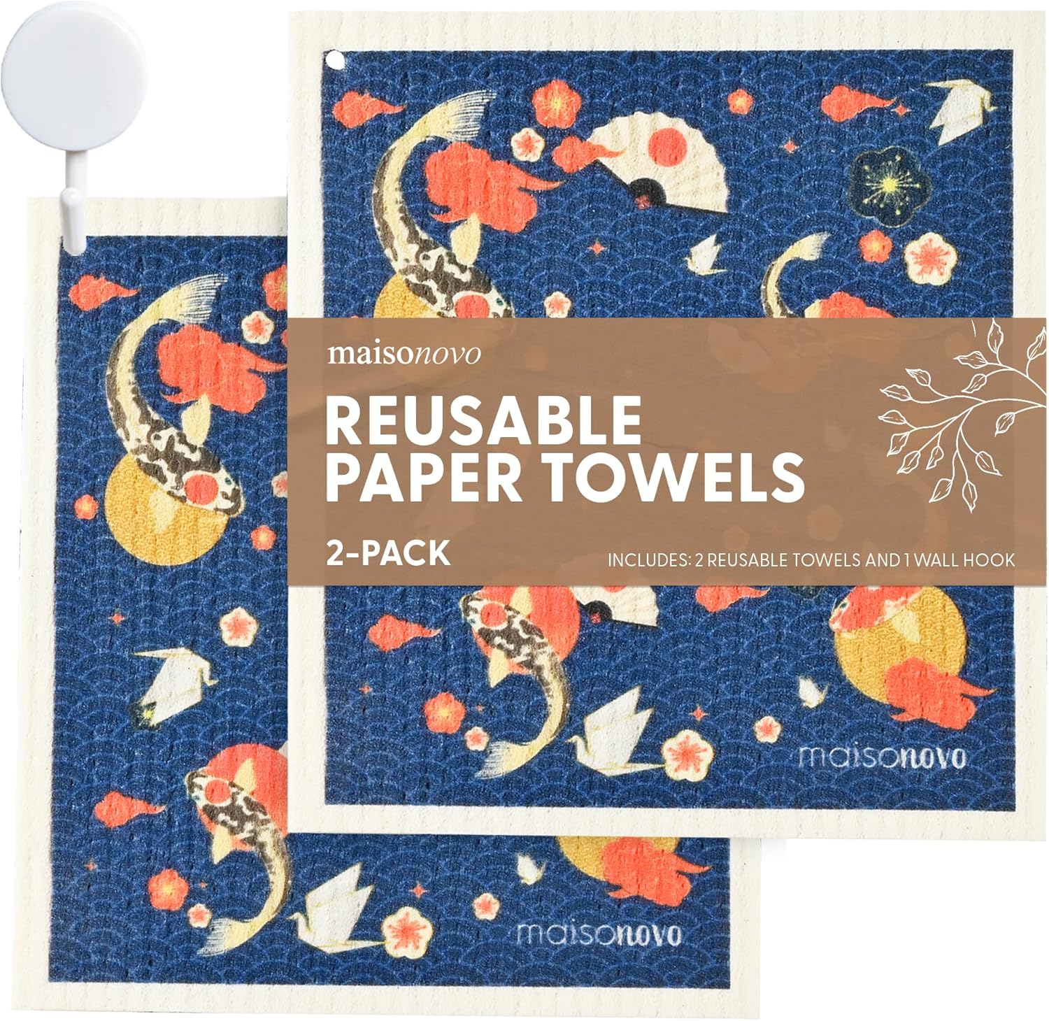 MaisoNovo Swedish Dishcloths for Kitchen | Reusable Paper Towels with Hook | Biodegradable and Reusable Paper Towels Washable | Swedish Dishcloth Reusable Paper Towel | Kyoto Fish – Pack of 2