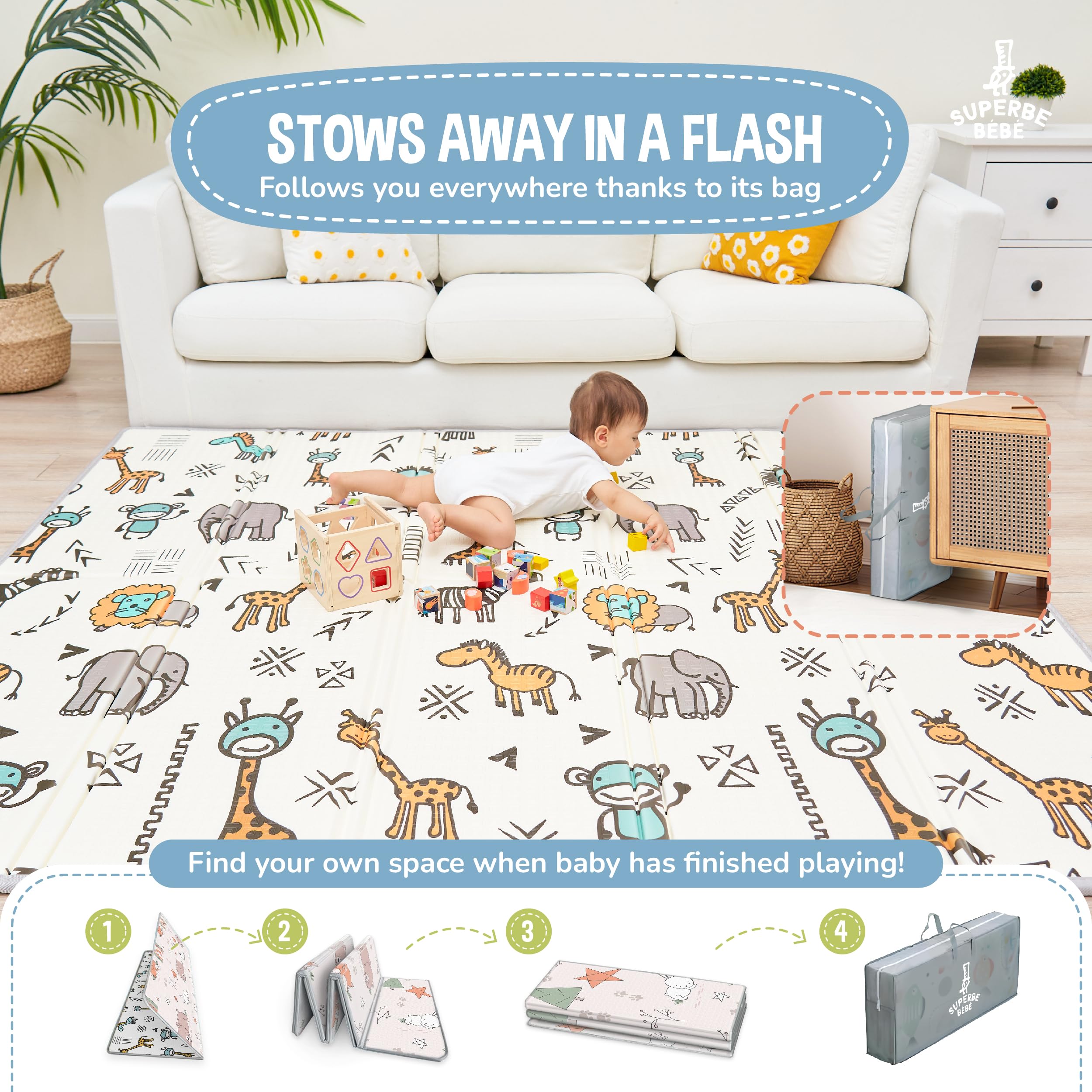 SUPERBE BEBE Tappeto Per Bambini e Neonati Reversibile e Non Tossico, Pieghevole e Impermeabile in Schiuma Per Bimbi. Per la Camera del Bambino o della Bambina. Grande Formato Regalo Bambino