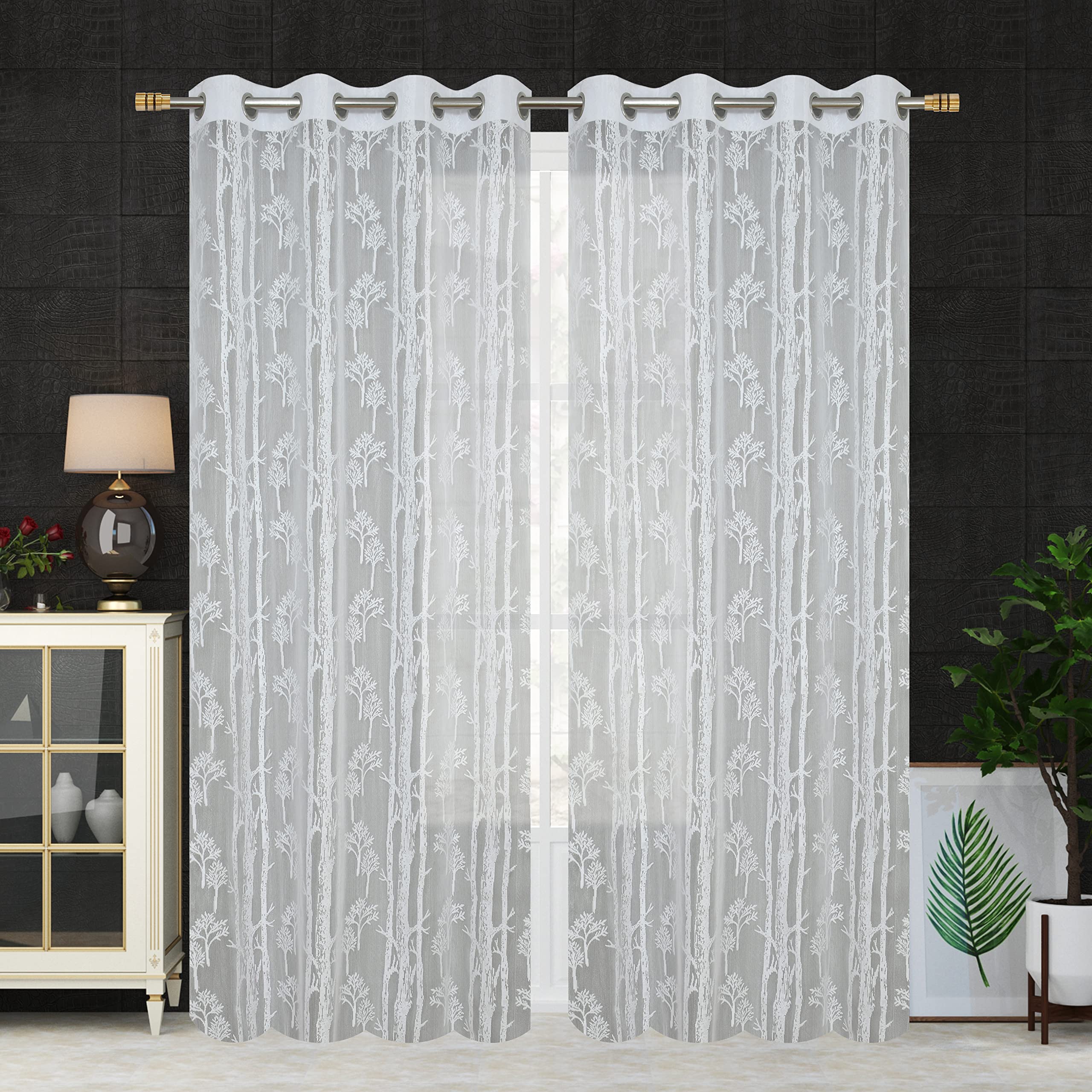AMI CREATION Heavy Tissue Transparent Tree Pattern Net Sheer Curtains 7 feet Long for Balcony/Living Room Partition (White, Set of 1)