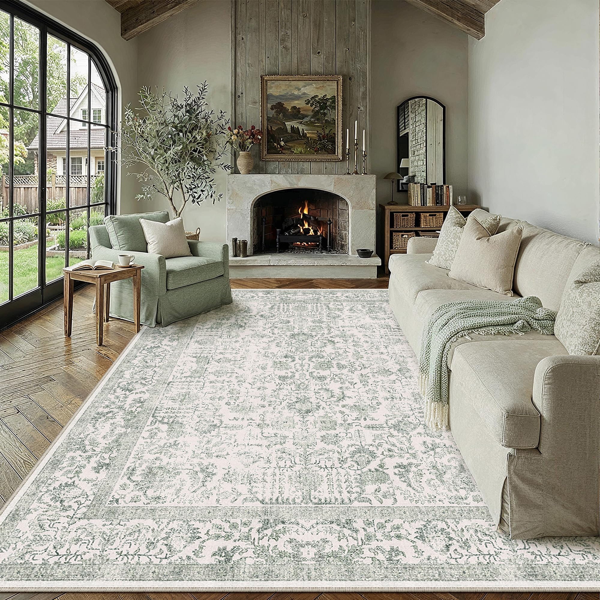 HUGEAR Vintage Green Rugs Living Room Washable Non Slip Large Area Rug 200x300cm Bedroom Kitchen Hall Lounge Office Dining Room Indoor Carpet Low Pile Big Carpets โ image 1