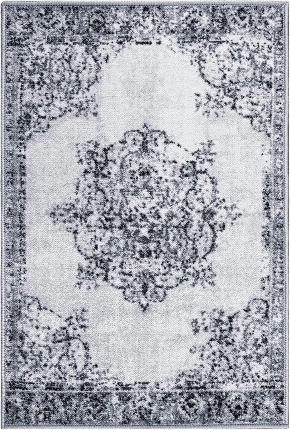 SUPERIOR Indoor Non-Slip Area Rug, Foam Backed Rugs for Living Room, Kitchen, Entryway, Bedroom, Dining, Office, Floral Medallion Home Floor Decor, Decklan Collection - 2ft x 3ft , Grey