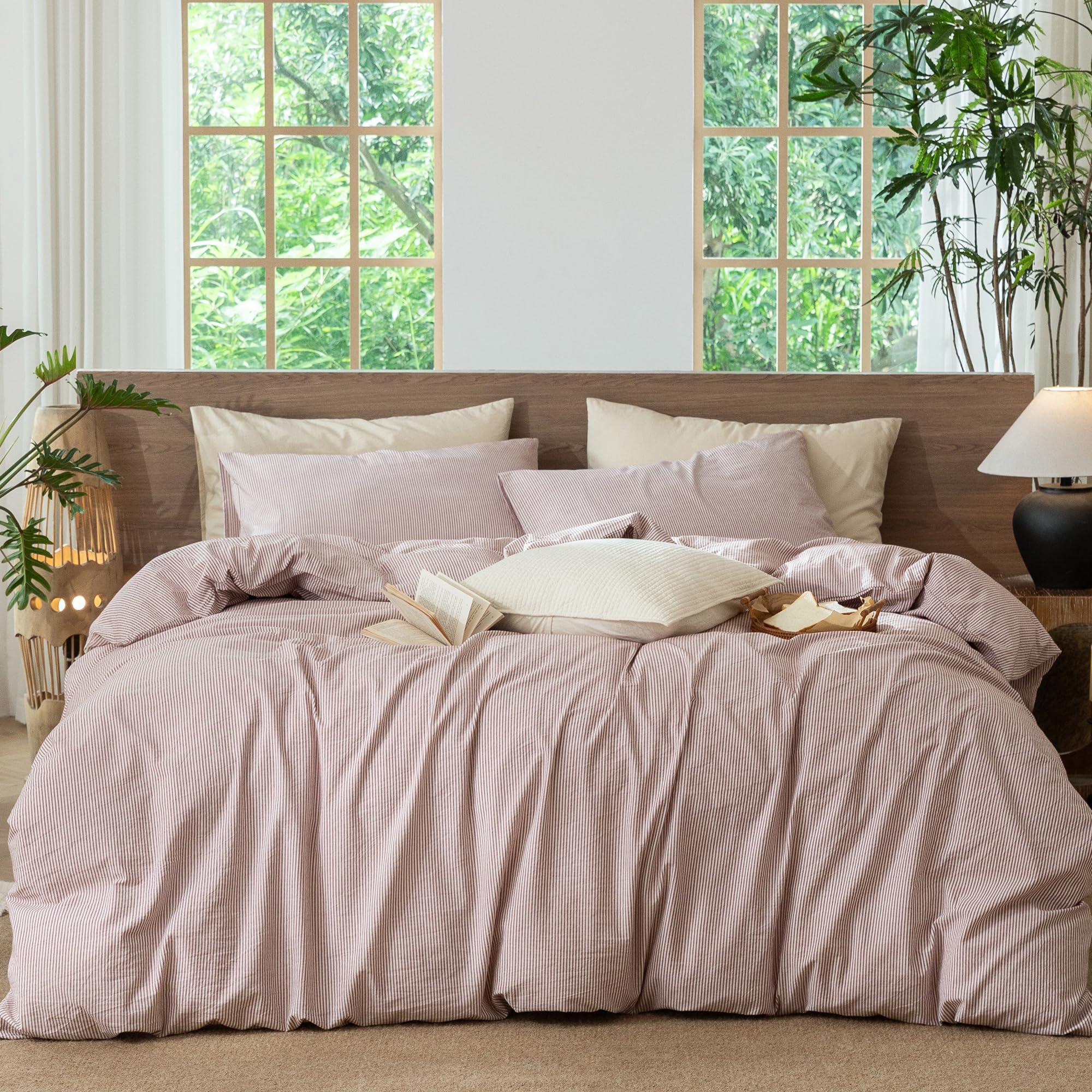 MooMee Striped Duvet Cover Set 100% Washed Cotton Linen Like Queen