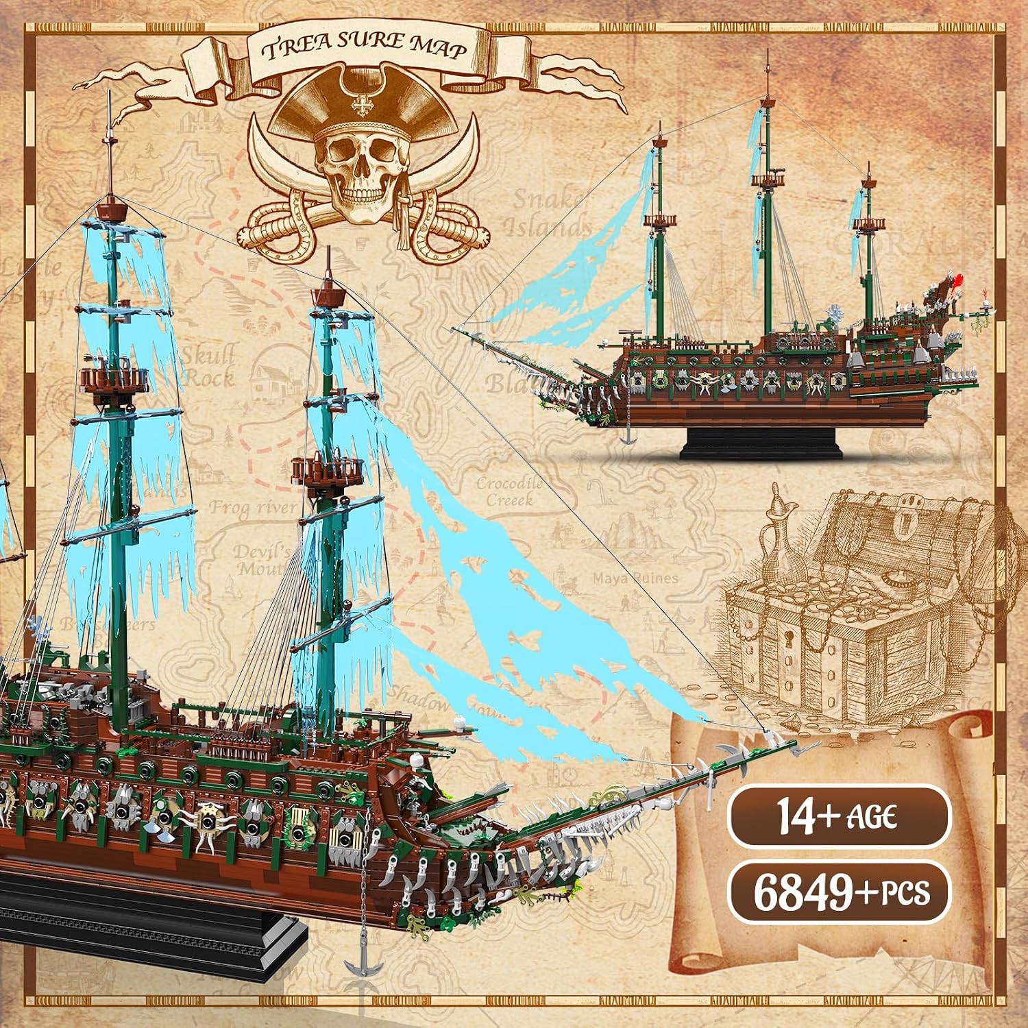 Mould King 13218 Pirate Ship Building Blocks Sets, MOC Ghost Ship Flying Dutchman Model Kit, Display Decoration Pirate Boat Model Sets, Collectible Construction Toys Gift for Teen Adult(6849 PCS)