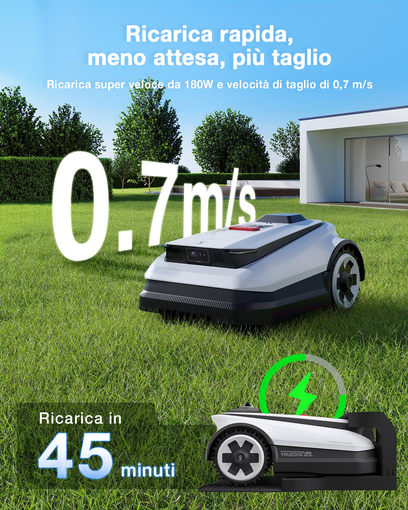 ECOVACS GOAT A1600 RTK Robot Tagliaerba 1600㎡ Senza Filo, Navigazione RTK+Vision LiDAR Rasaerba Robot, Mappatura Automatica, Doppie Lame, Potenza 100W, Ricarica Rapida, Pendenza del 50%