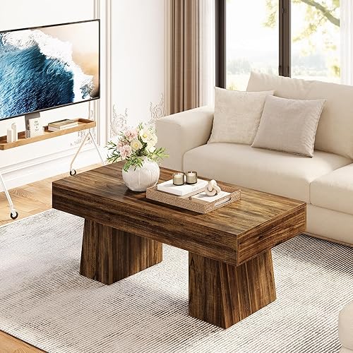 Miniatura 4 de LITTLE TREE - Mesa de café de granja, mesa de sala de 47 pulgadas, mesas centrales de acento rectangulares de madera con base gruesa, muebles Marrón