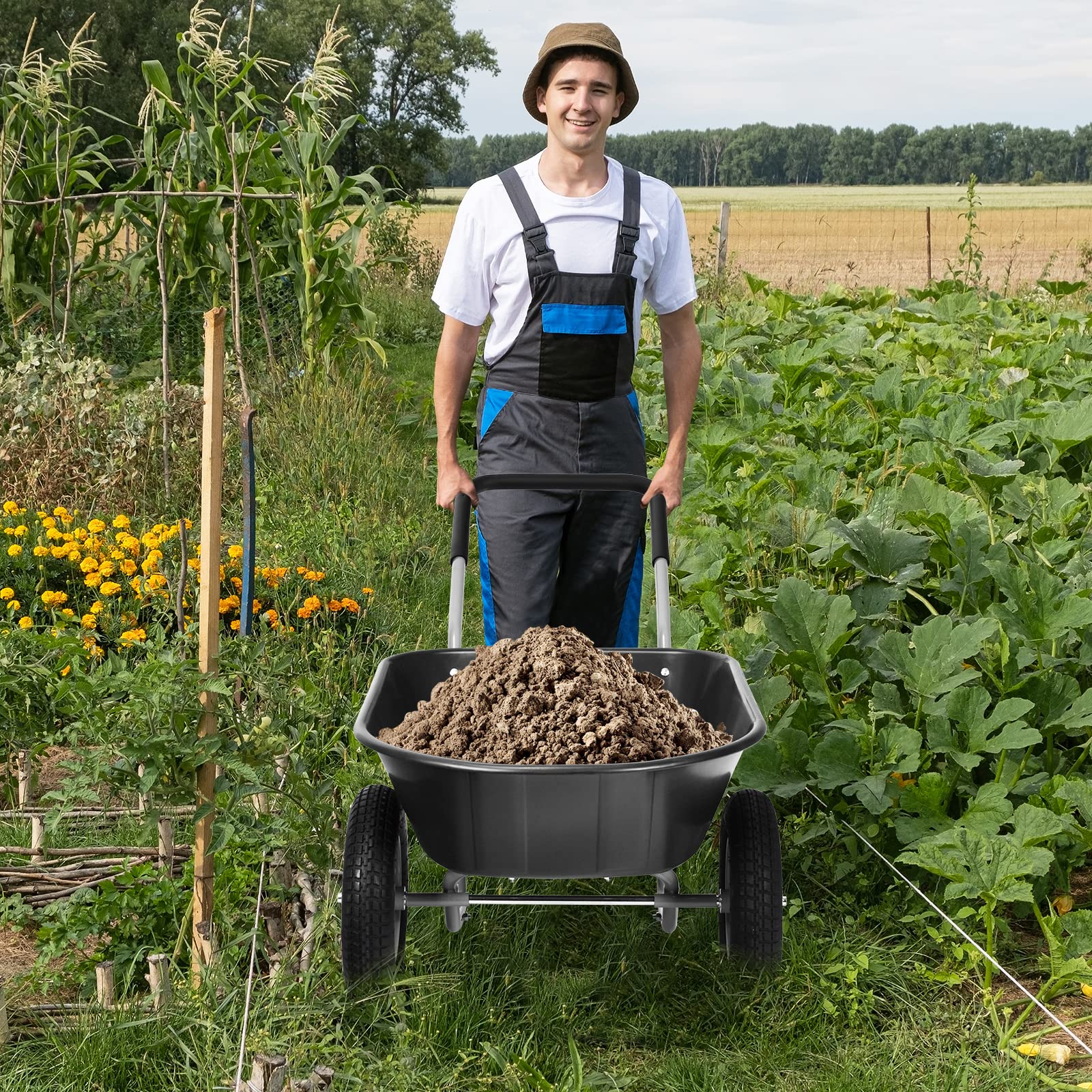 RELAX4LIFE Chariots de Jardin avec Cadre en Fer et Conteneur de 70 L, Brouette de Jardin avec Poignée en Caoutchouc et Roues Gonflables, Chariot, Capacité Max 100 KG pour Jardins/Fermes (Noir)