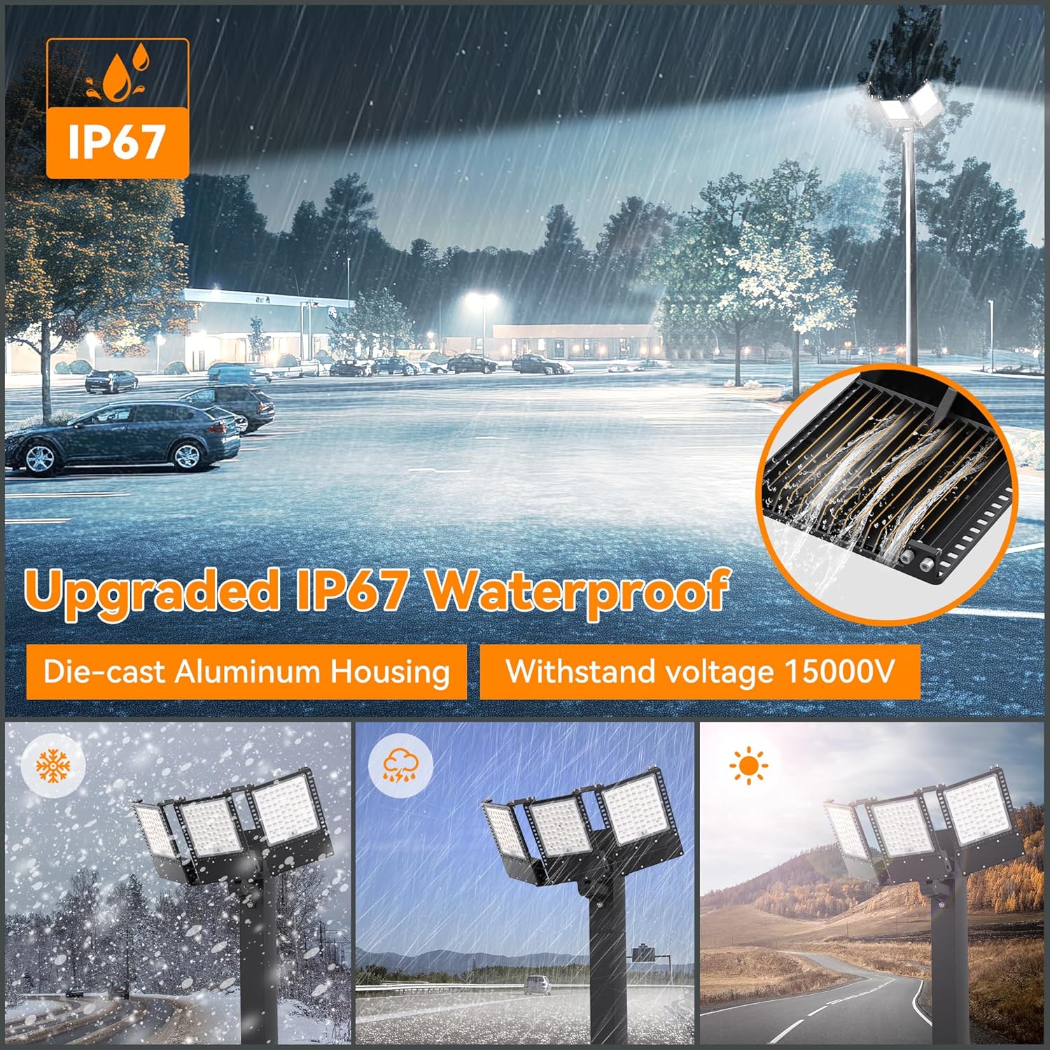 2025 New Upgraded 300W Dusk to Dawn LED Parking Lot Light 45000lm 5000K, ETL, IP67 Waterproof Adjustable 3-Head Street Lights Outdoor, Pole & Wall-Mounted Security Flood Lights for Yard