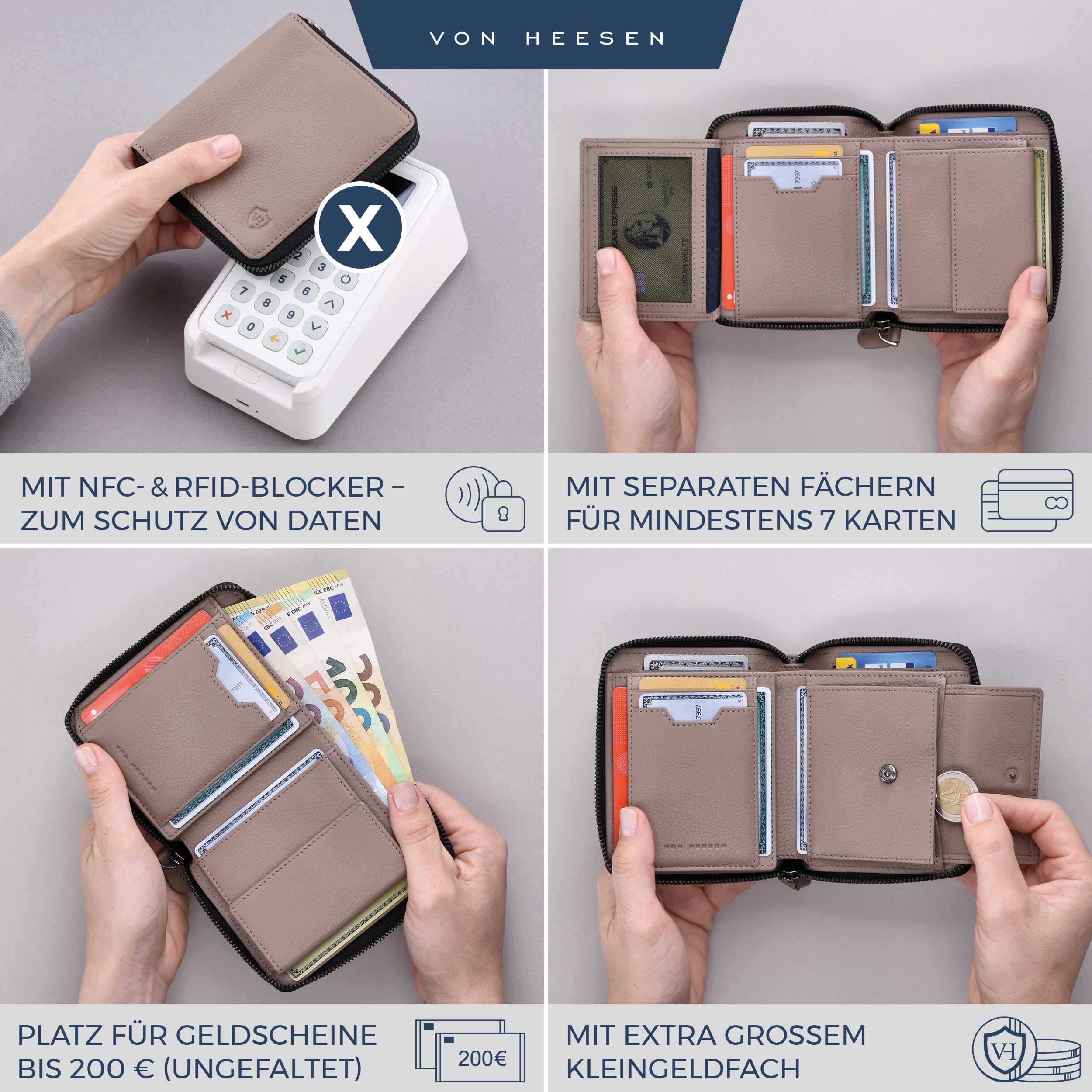 VON HEESEN Leder Geldbörse mit RFID-Schutz - Portemonnaie für Herren & Damen aus echtem Leder - Wallet mit Münzfach - Geldbeutel für Männer und Frauen in Taupe
