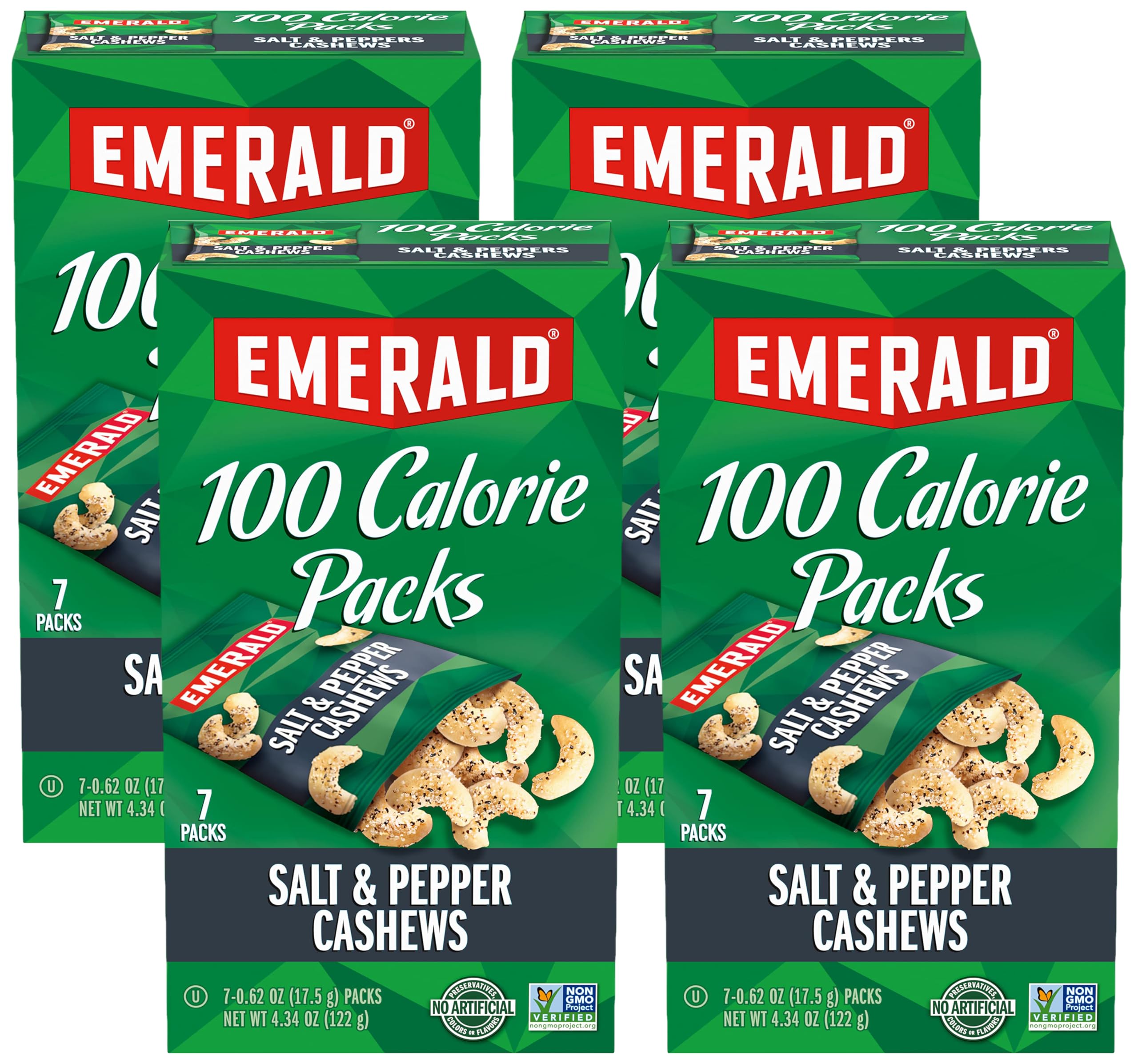 Emerald Nuts, Salt & Pepper Cashews, 100 Calorie Packs, 7 Count, 4.34 Oz (Pack of 4)