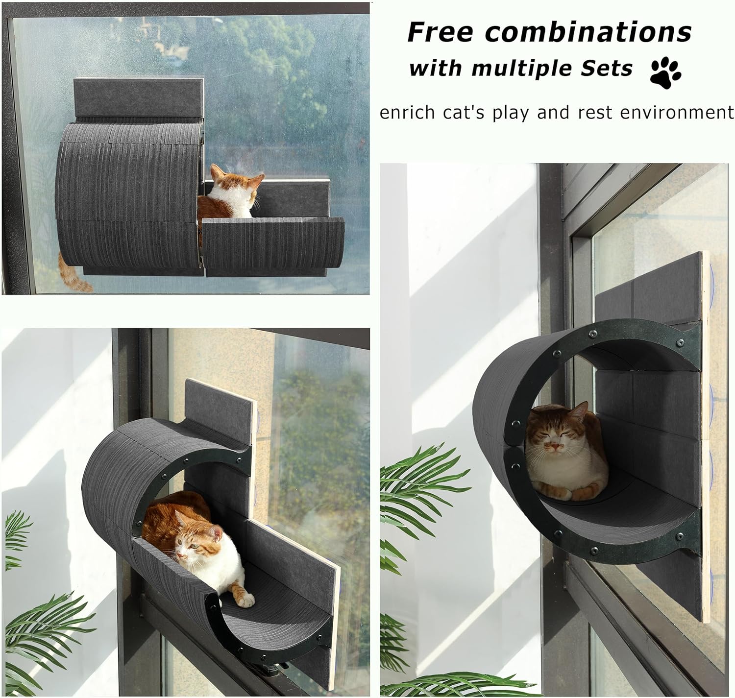 Cat Window Perch with Scratching Bed,Versatile Climbing Shelves Mounted by Strong Suction Cups, Solid Metal Frame and Anti-Slip Felt for Hide,Nap and Sunbath, Glass Protection Design(Grey)