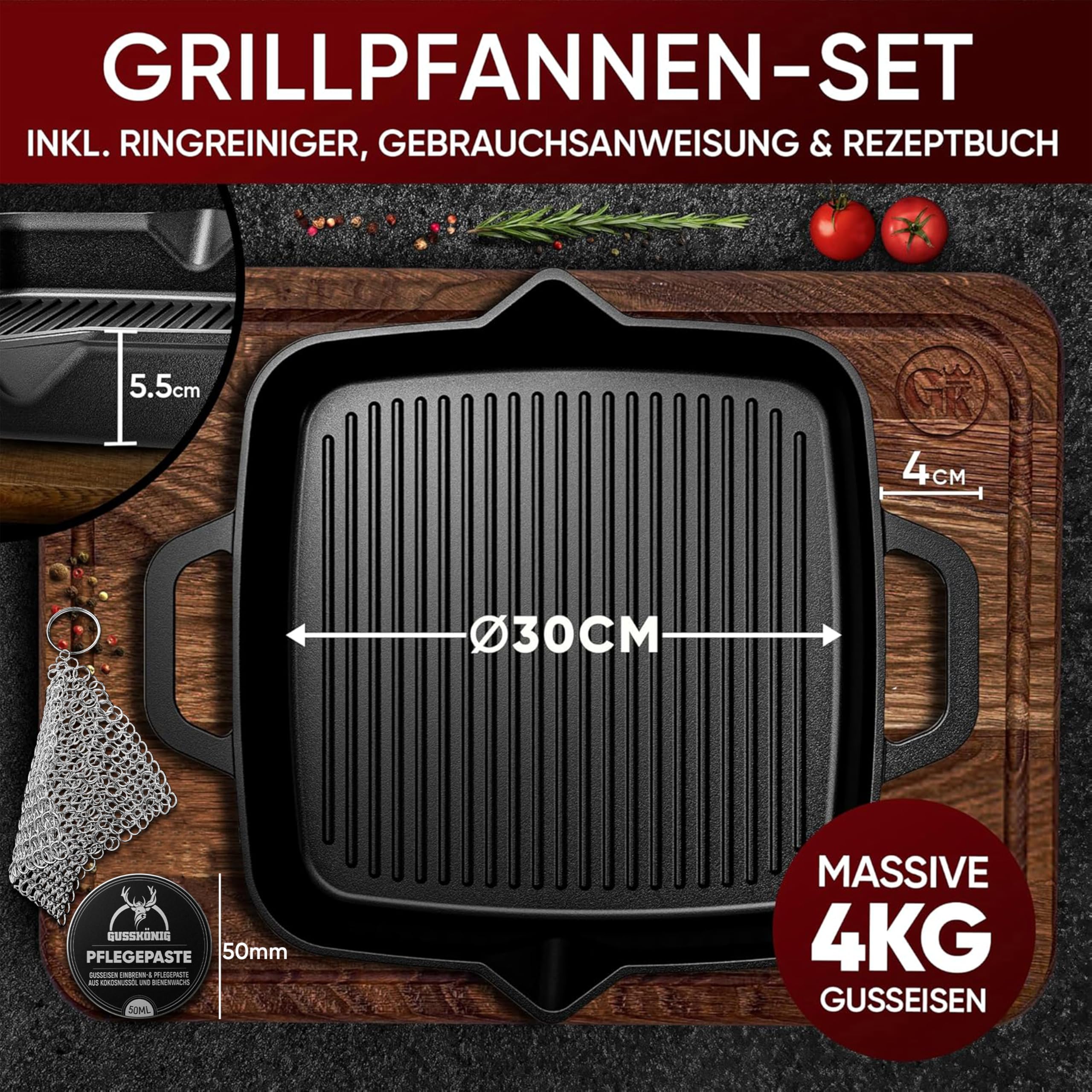GUSSKÖNIG Gusseisenpfanne - 30cm Pfanne Gusseisen - Grillpfanne Gasgrill - Eingebrannte Gusseisen-Pfanne - Cast Iron Pan - Robuste Gusspfanne+Pflegepaste, Ringreiniger & Rezeptbuch - 30 Jahre Garantie