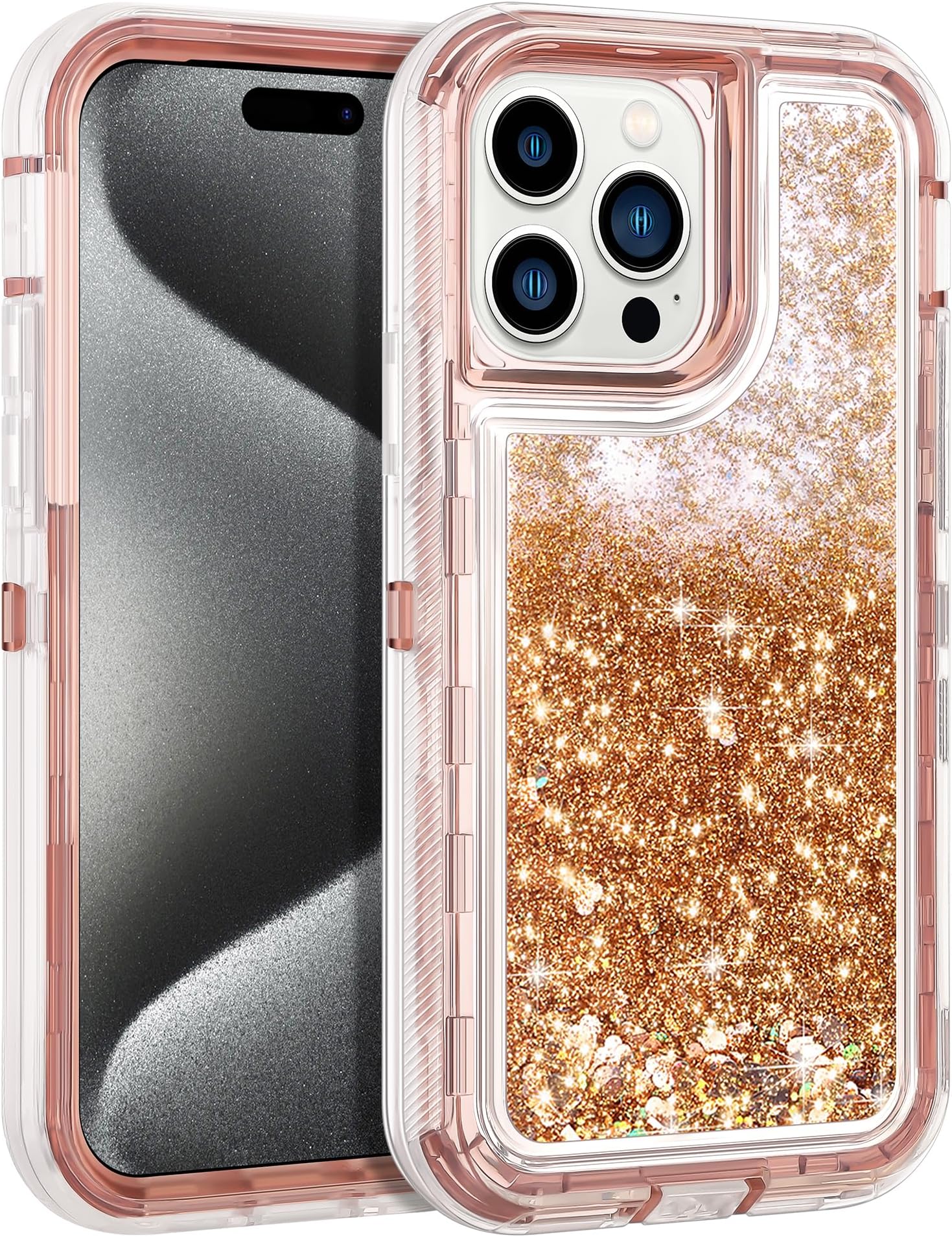 WOLLONY Compatible with iPhone 15 Pro Glitter Case Cute Luxury Sparkle Moving Liquid Quicksand Case for Girls Women Hard Shockproof Heavy Protection Soft Clear Cover for iPhone 15 Pro 6.1" Rose Gold