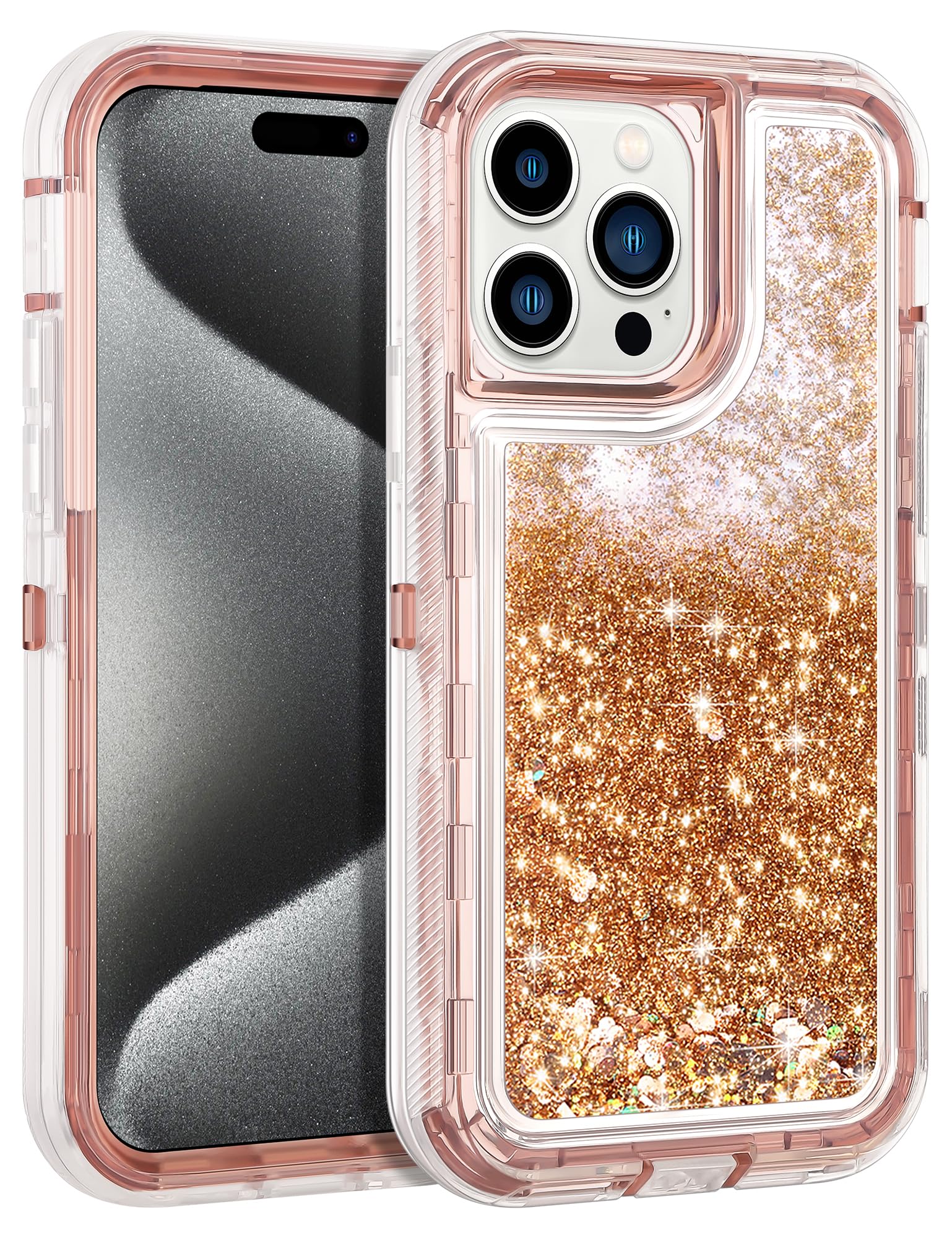 WOLLONY Compatible with iPhone 15 Pro Glitter Case Cute Luxury Sparkle Moving Liquid Quicksand Case for Girls Women Hard Shockproof Heavy Protection Soft Clear Cover for iPhone 15 Pro 6.1" Rose Gold