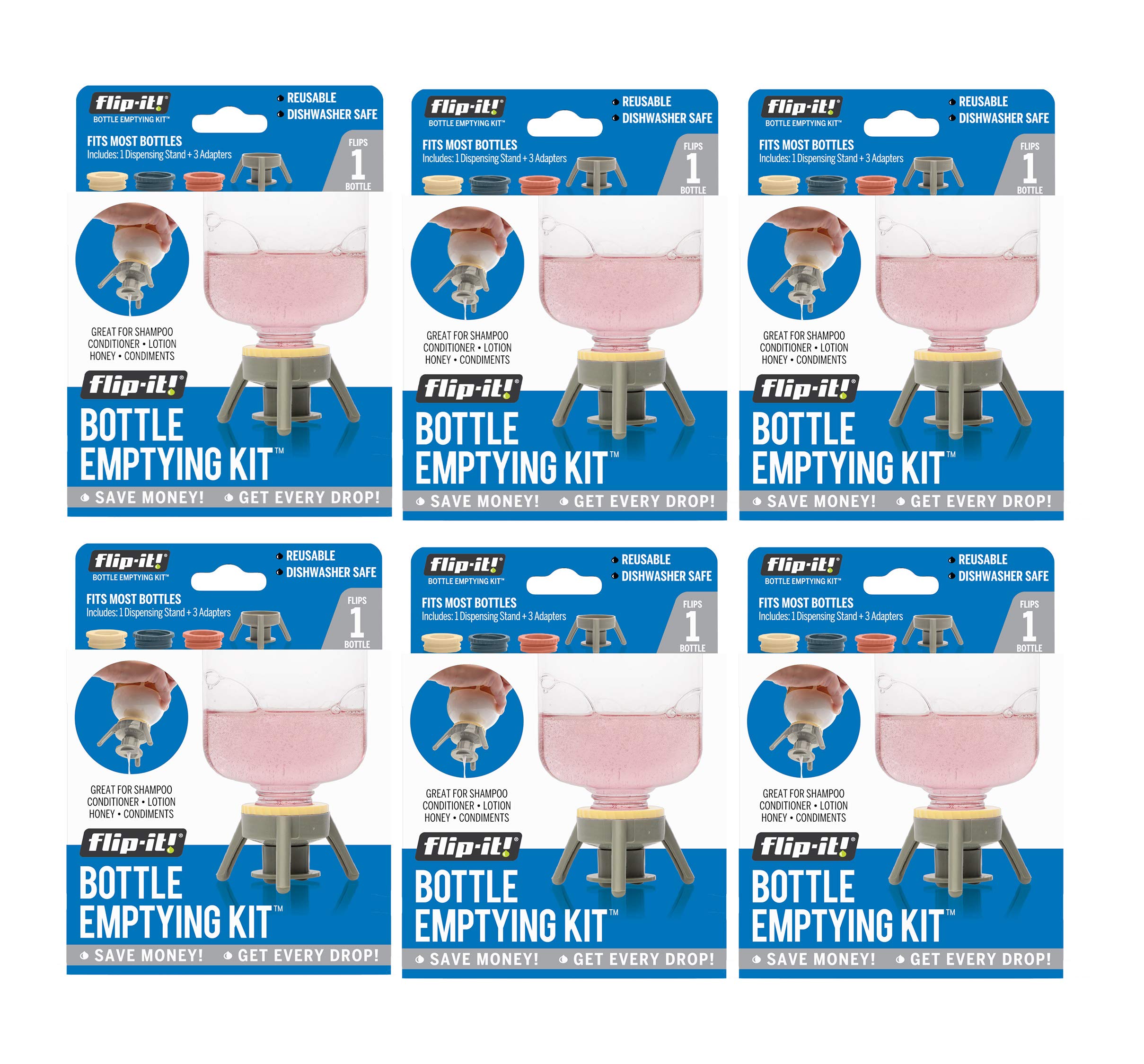 Flip-It! Versatile Bottle Emptying Kit – Pastel Edition, 6-Full Kits – Efficient Liquid Transfer & Perfect for Gifting – 1 Grey Base Cap, 3 Adapters per Pack