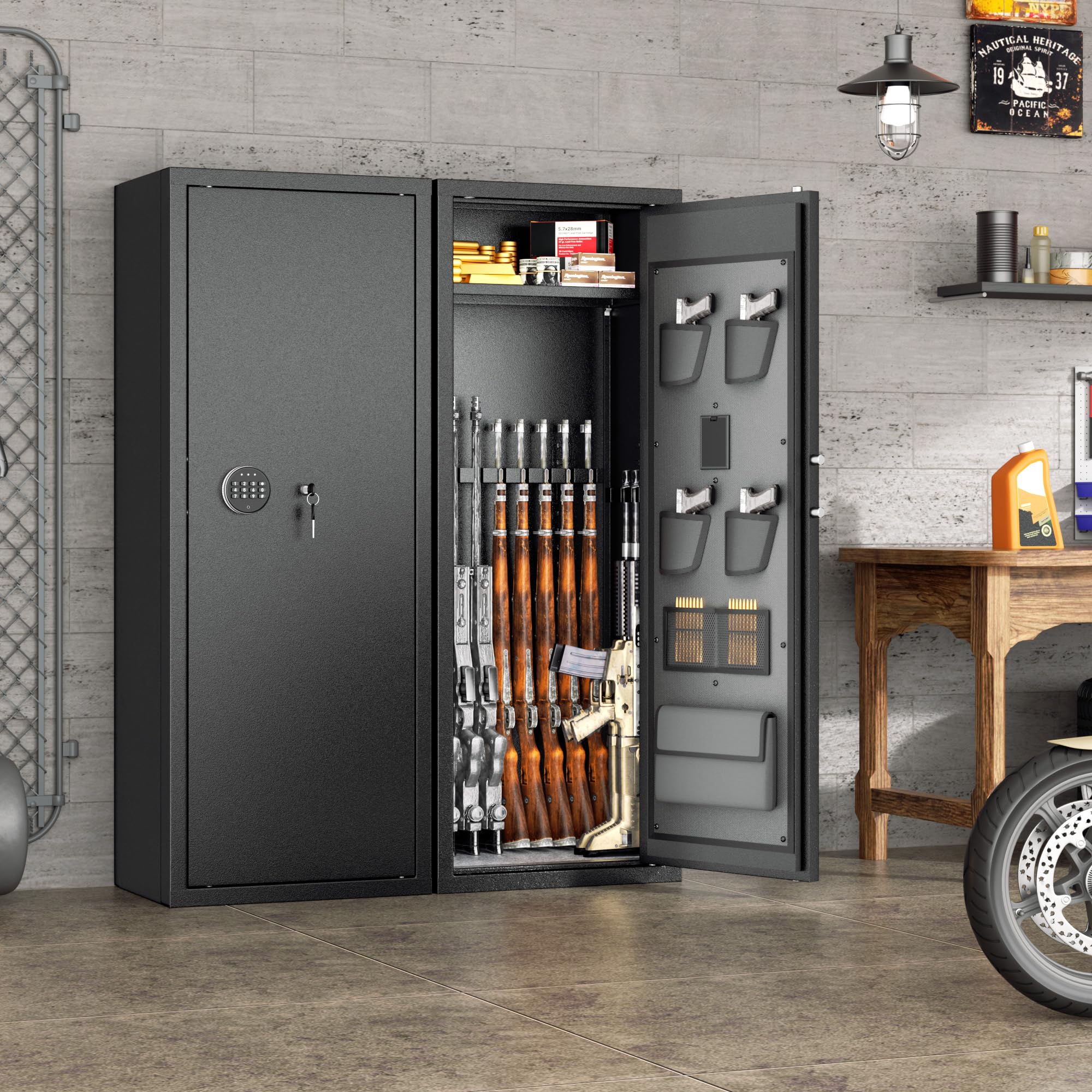 Condition photo showing Good Condition for 10-12 gun safe for rifles and pistols, digital keypad quick access large gun cabinet with adjustable shelves, rifle rack & anti-theft locking system for home, black, heavy-gauge steel