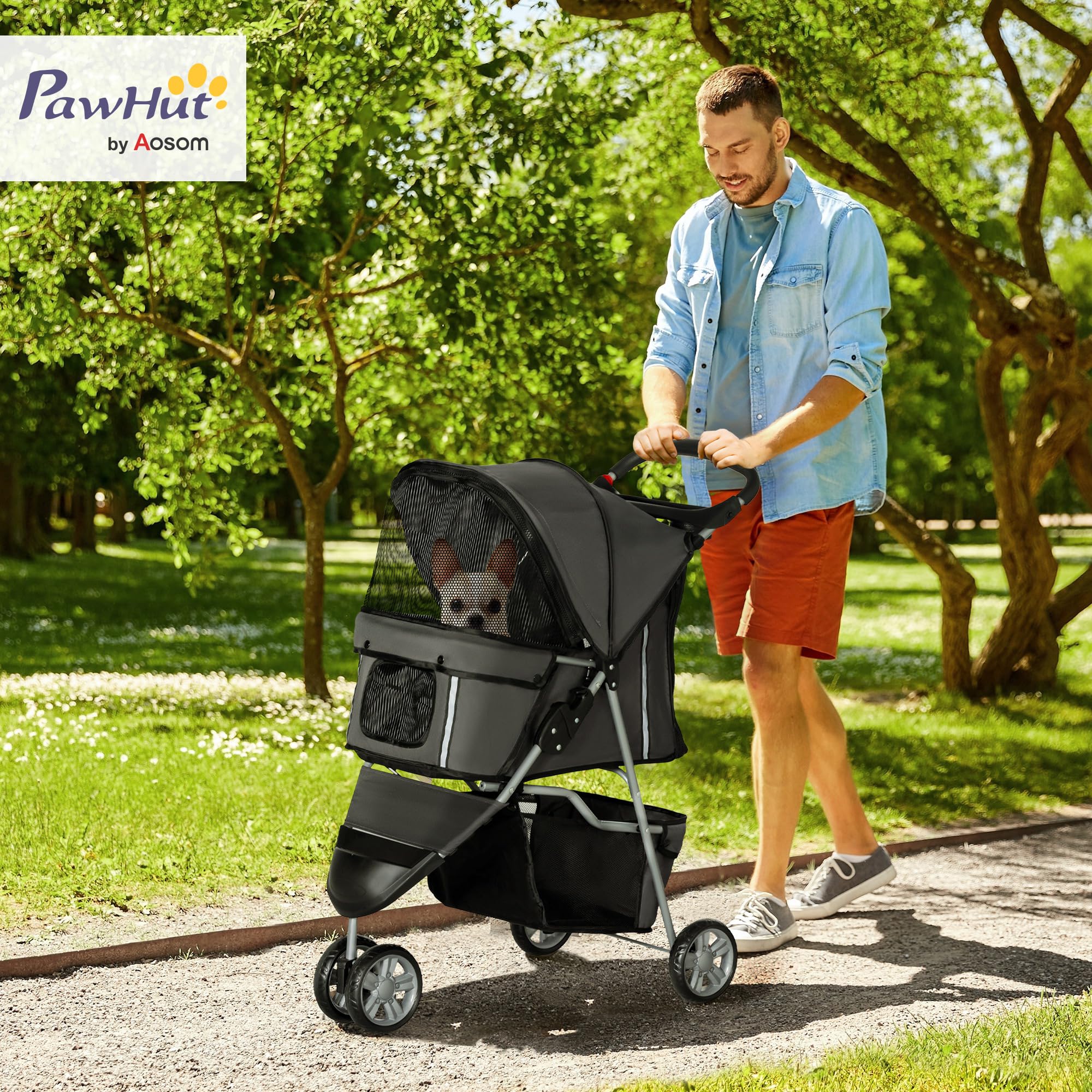 PawHut Hundewagen Hundebuggy klappbar für Hunde & Katzen bis 10 kg Katzenbuggy mit Kissen Netzfenstern Getränkehalter Aufbewahrungstasche Katzenwagen Buggy Dunkelgrau