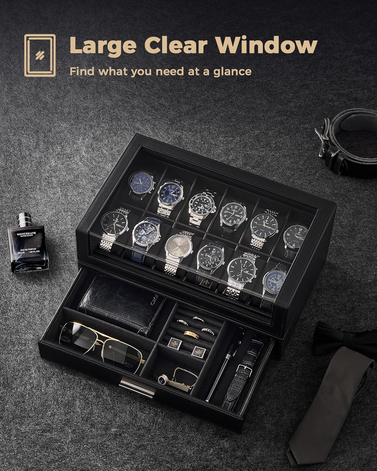 ProCase Watch Box for Men, 12 Slots Watch Display Holder with Clear Acrylic Top, Large Capacity PU Leather Case with Drawer Organizer, Jewelry Storage, Ideal Gift for Men Women -Black