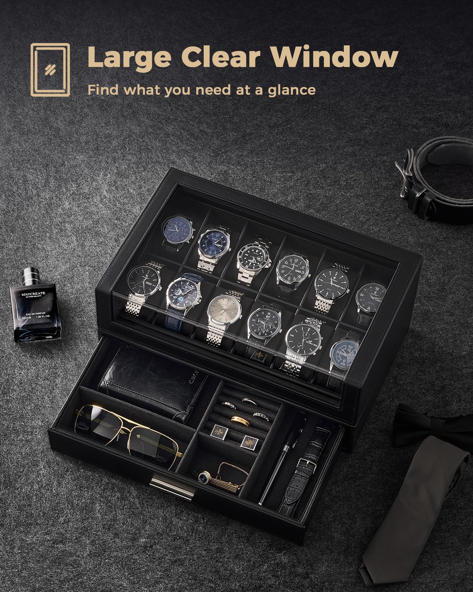 Coffret à montres pour homme, présentoir à 12 emplacements avec couvercle en acrylique transparent, étui en cuir PU grande capacité avec tiroir de rangement, rangement pour bijoux, cadeau id
