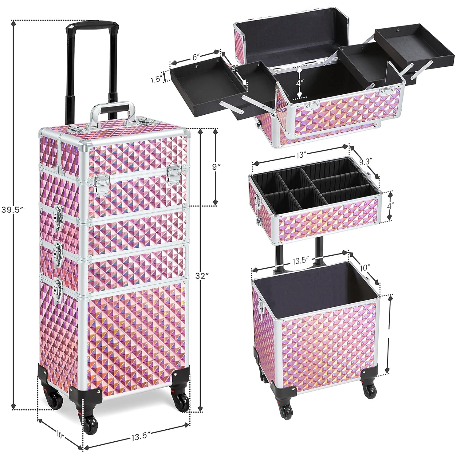 Yaheetech 4 in 1 Professional Makeup Train Case Rolling Cosmetic Trolley Makeup Case Organizer Makeup Travel Case, with 4 Detachable Removable Wheels, Glitter Pink : Beauty & Personal Care