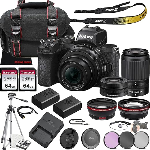 Nikon Z50 Mirrorless Camera w/NIKKOR Z DX 16-50mm f/3.5-6.3 VR Lens + NIKKOR Z DX 50-250mm f/4.5-6.3 VR Lens + 128GB Memory + Case + Tripod + 3 Piece Filter Kit + More (35pc Bundle) (Renewed)