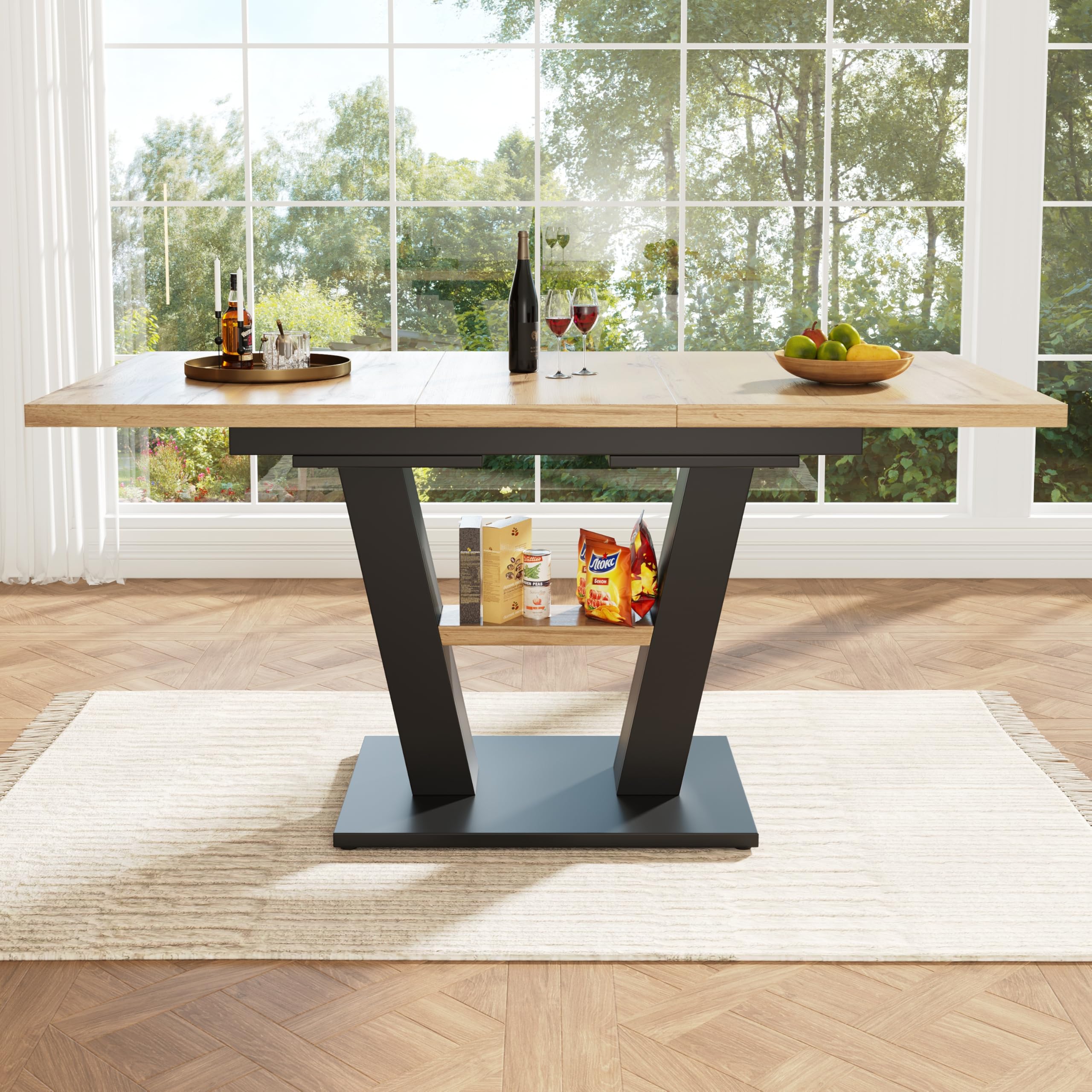 Tavolo da pranzo telescopico, 118-157 x 70 x 75 cm, tavolo da cucina allungabile, con l'aiuto di pannelli interni, per cucina e soggiorno, tavolo da pranzo color legno