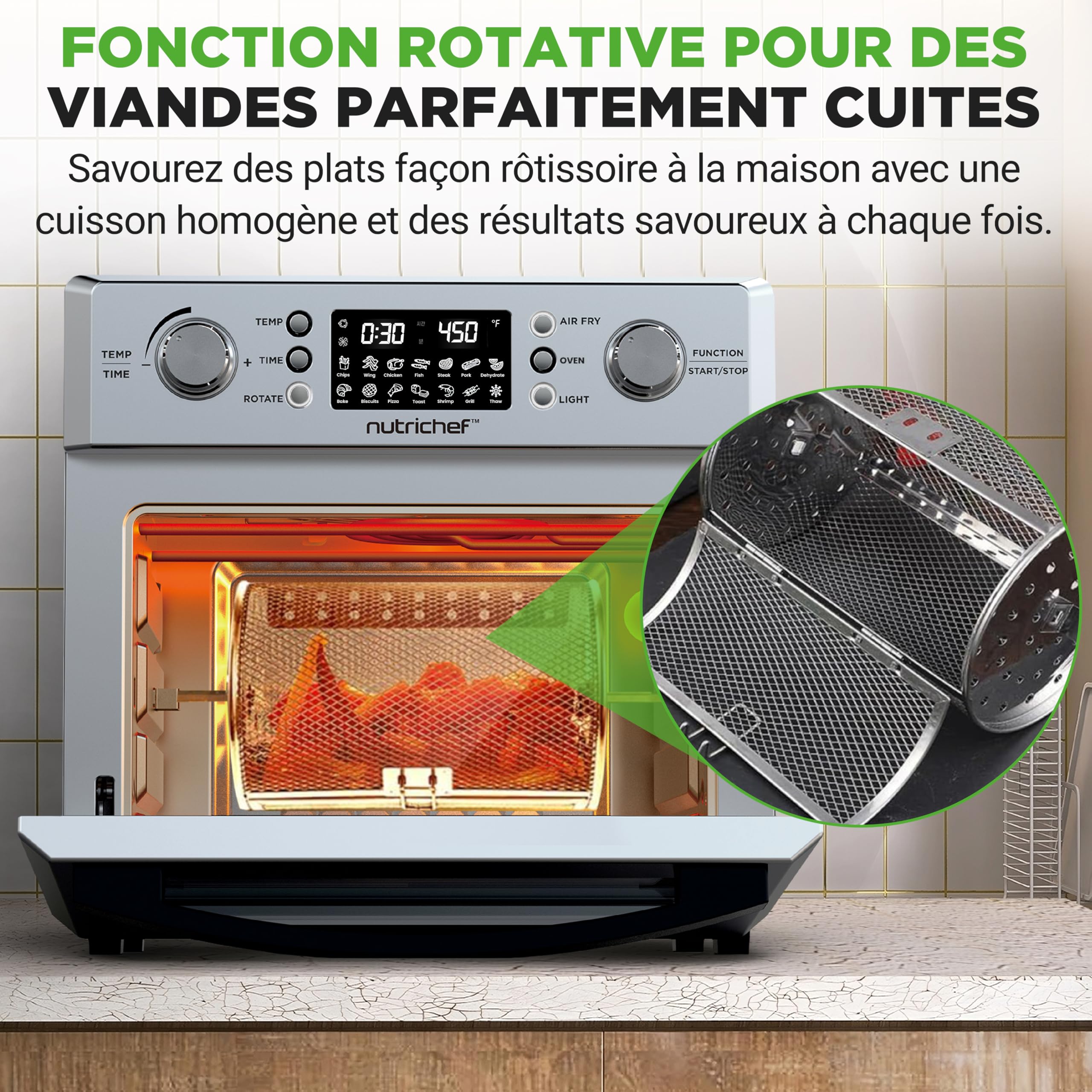 NutriChef Four Friteuse à Air Chaud 26L–Friteuse à Air Électrique 1700W avec Rôtissoire, Mini Four de Comptoir à Convection,10 Programmes, Panier de Friture,Grille de Cuisson & Plateau Ramasse-Miettes