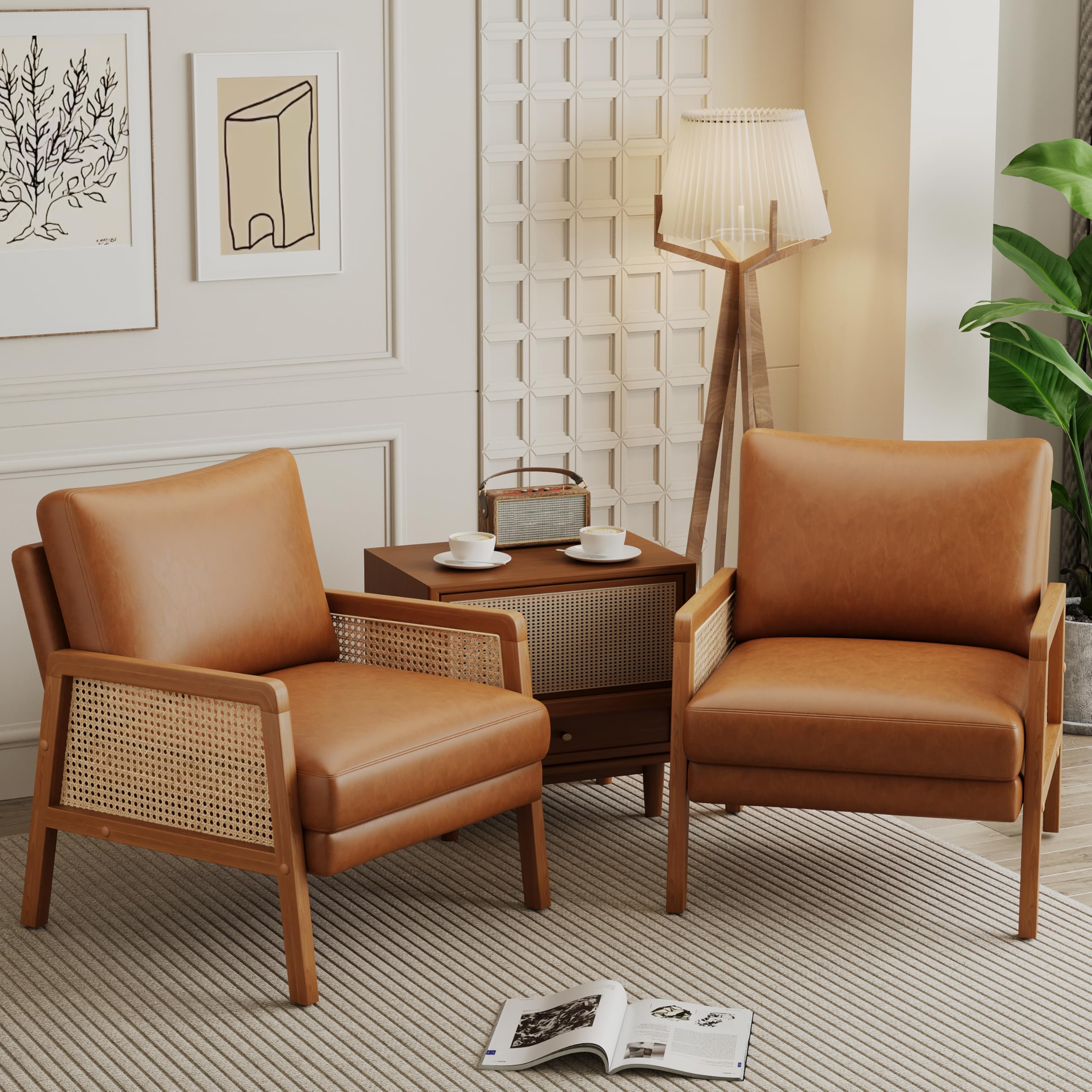 Alunaune Brown Accent Chair Set of 2 Upholstered Living Room Chairs Natural Rattan Armchair, Modern Faux Leather Slipper Club Chair Guest Reception