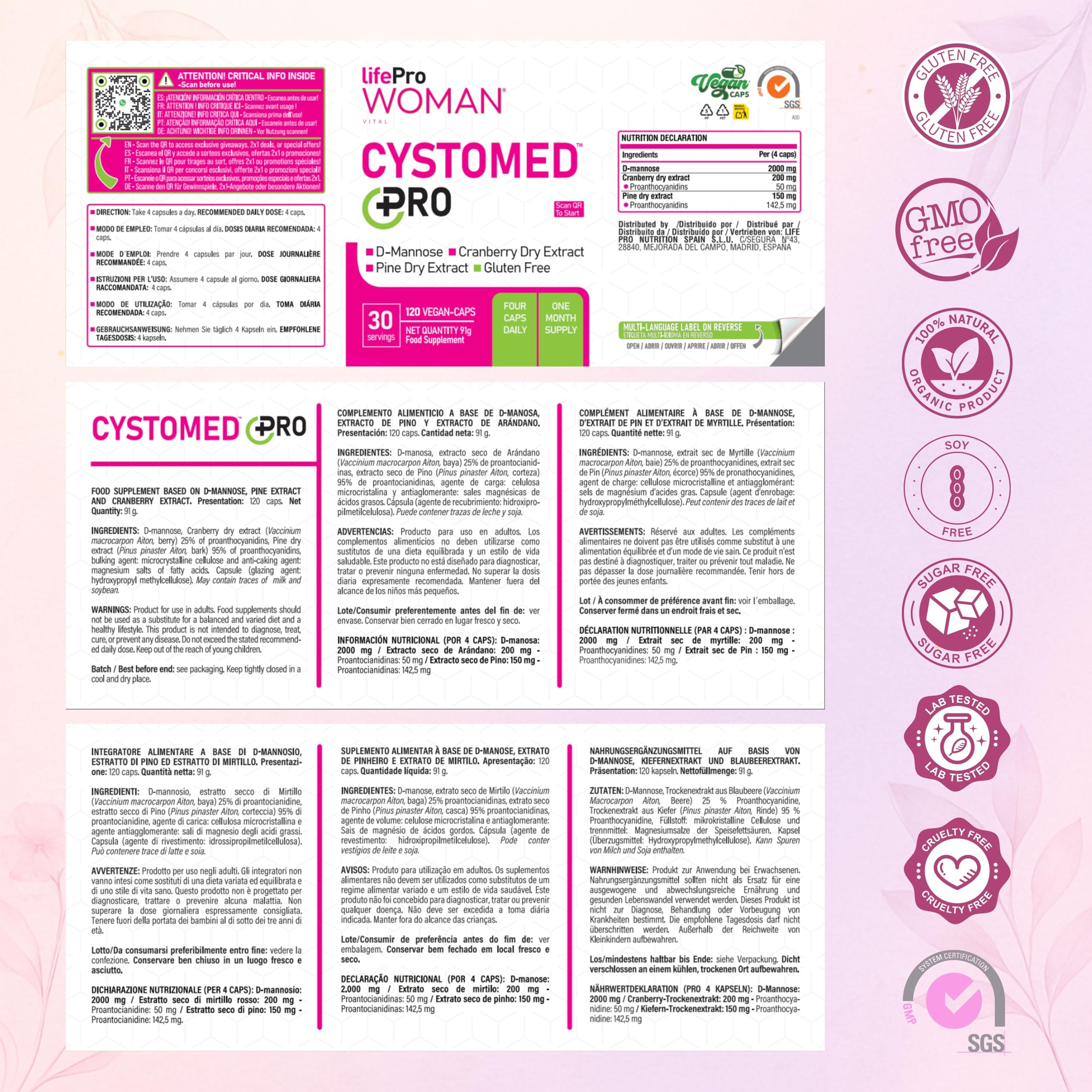 Cranberry gélules 5x Puissance + D-Mannose 2000mg – Cystomed Triple Action 120 Gélules avec 192,5mg PACs Standardisés + Extrait de Pin – Cranberry Gélules Scientifiquement Validées (EFSA/PubMed)