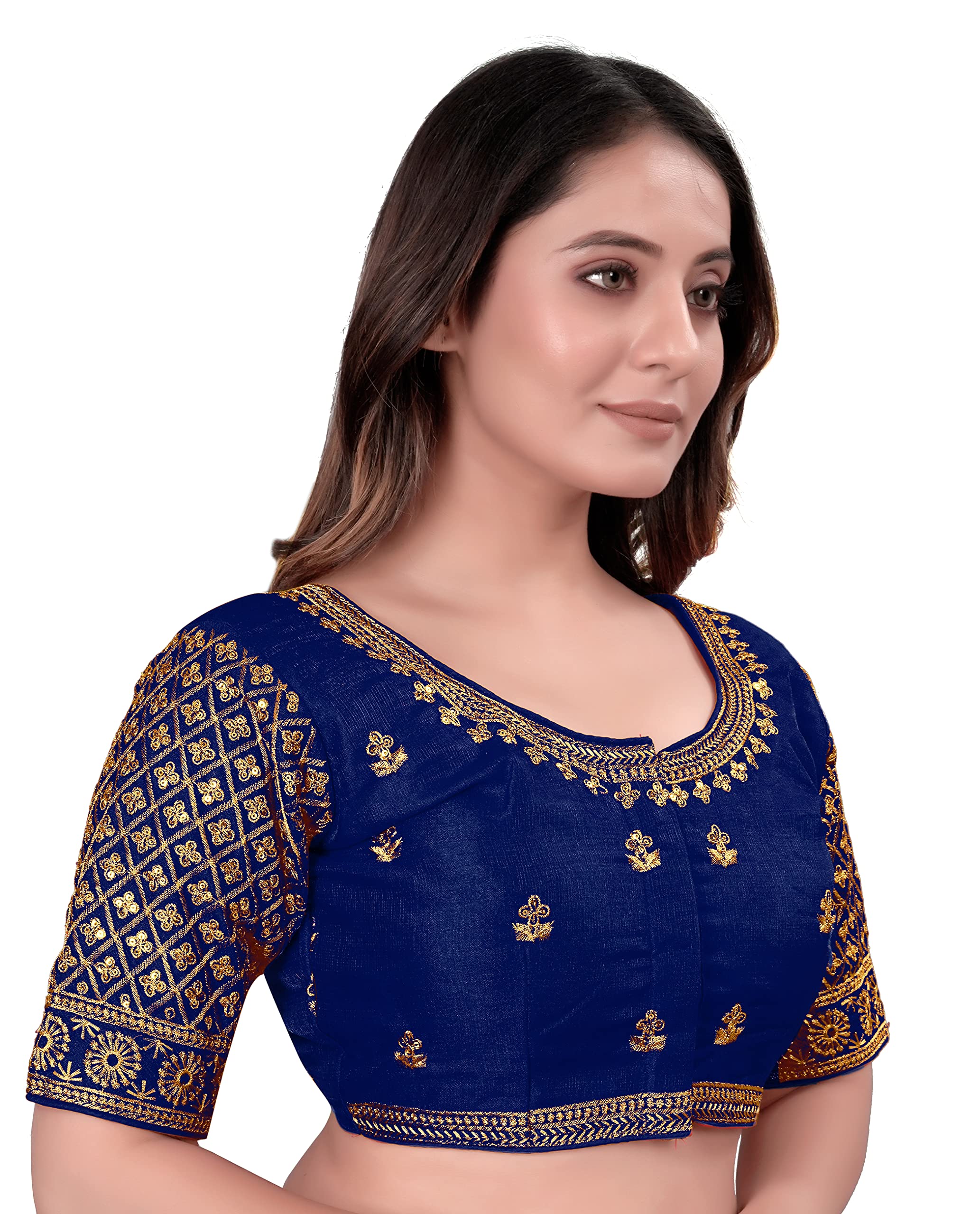 Pujia Mills Women's Blouse Readymade Blouse Embroidery Blouse Readymade Blouses For Women Readymade Blouses For Women Half Readymade Saree Blouse For Women Blue Blouse Readymade (Sigma Navy Blue 38)