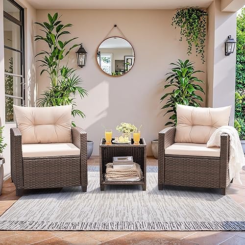 Miniatura 2 de Devoko Juego de muebles de patio de 3 piezas, juego de mimbre de ratán de polietileno con dos sillas y mesa para exteriores, sillas de patio